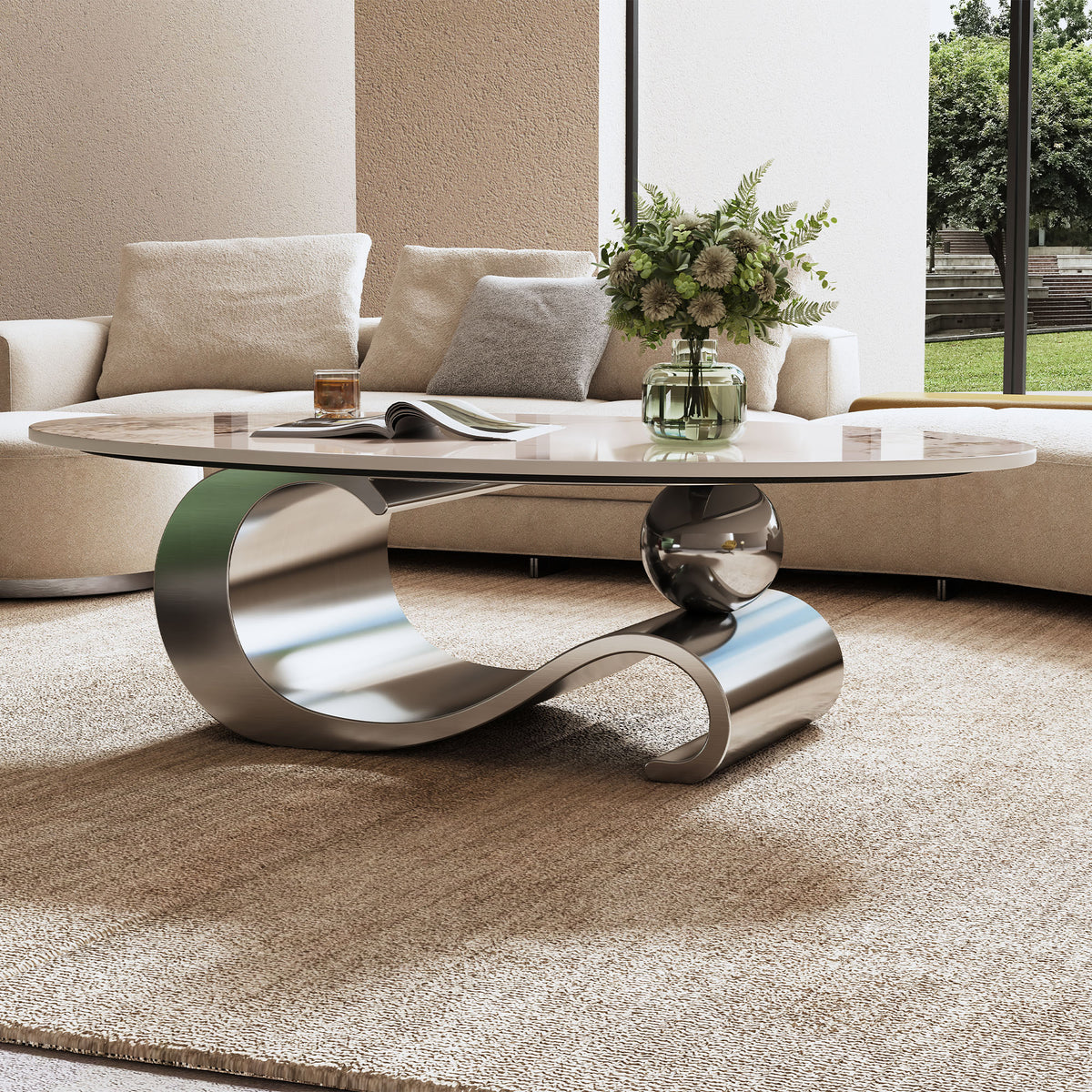 Varese 49" Modern Oval Coffee Table with Marble Top and Sculptural Gold Base