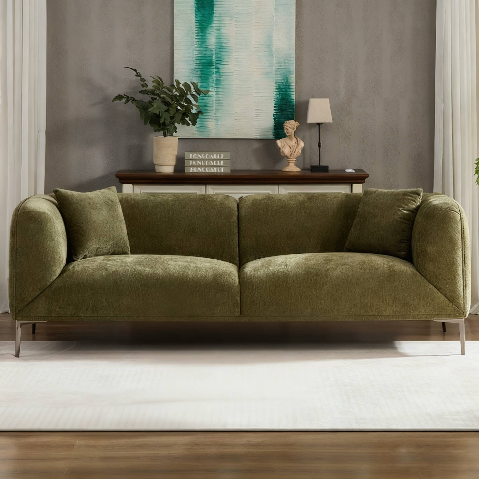 1-Pack Green Modern Sofa, 3-Seater Curved Couch for Living Room, Boucle Fabric, High-Density Foam, Sturdy Wood Frame, Multipurpose Space-Saving Furniture, Easy Assembly, Comfortable Seating