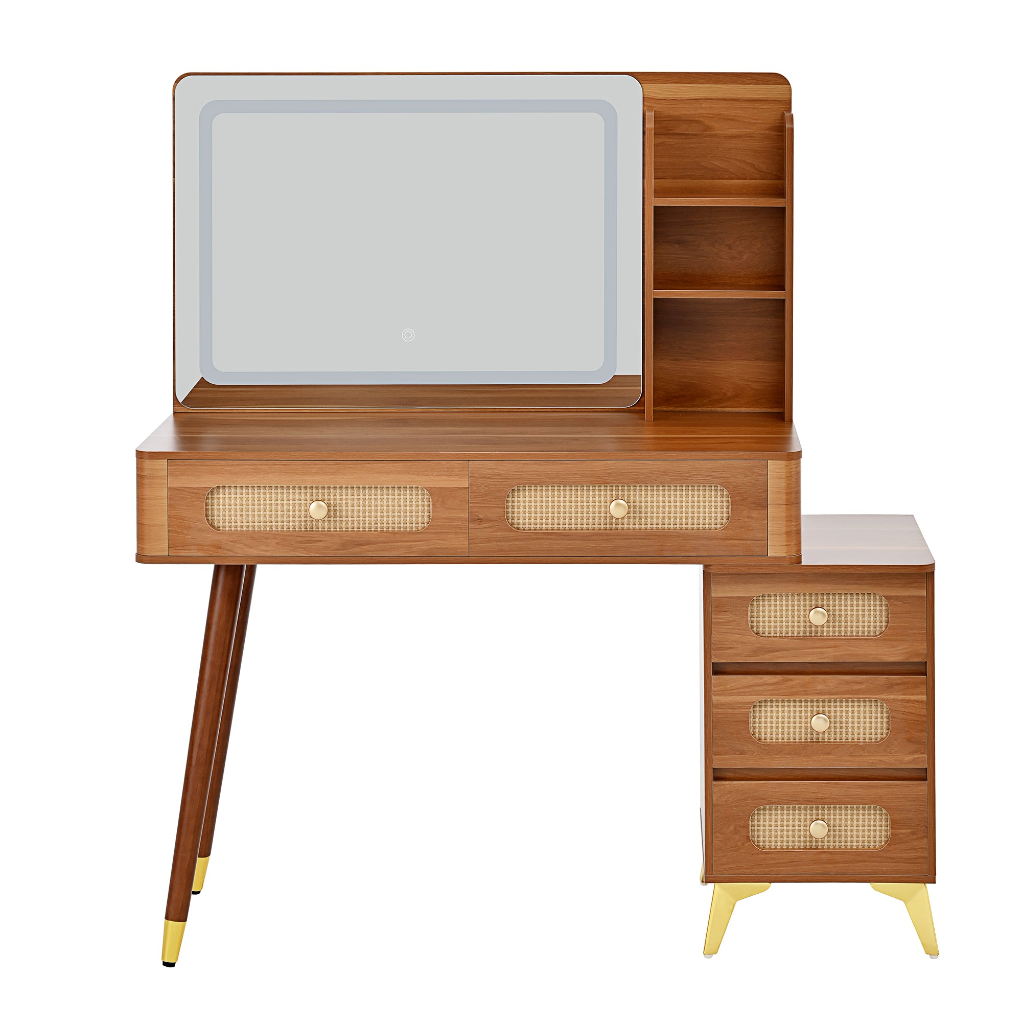 Homy Casa Kalmar 47" Vintage Walnut Vanity Desk with 5 Drawers and Lighted Mirror