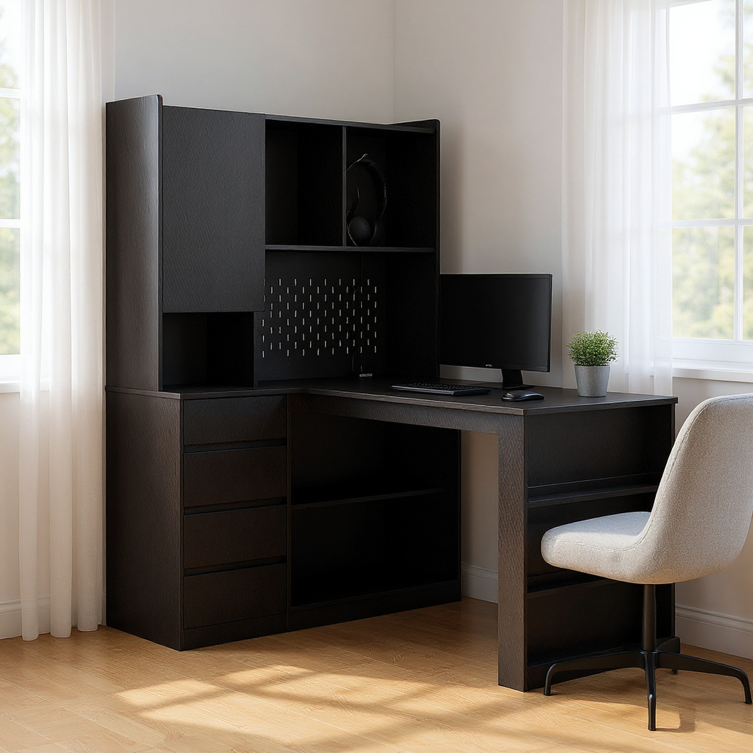 L Shaped Desk,Computer Desk with Drawers,Bookshelf,with LED Light,Modern Corner Desk,Home Office Desk,L-Shaped Study Table Writing Desk,Corner Gaming Computer Desk with Storage