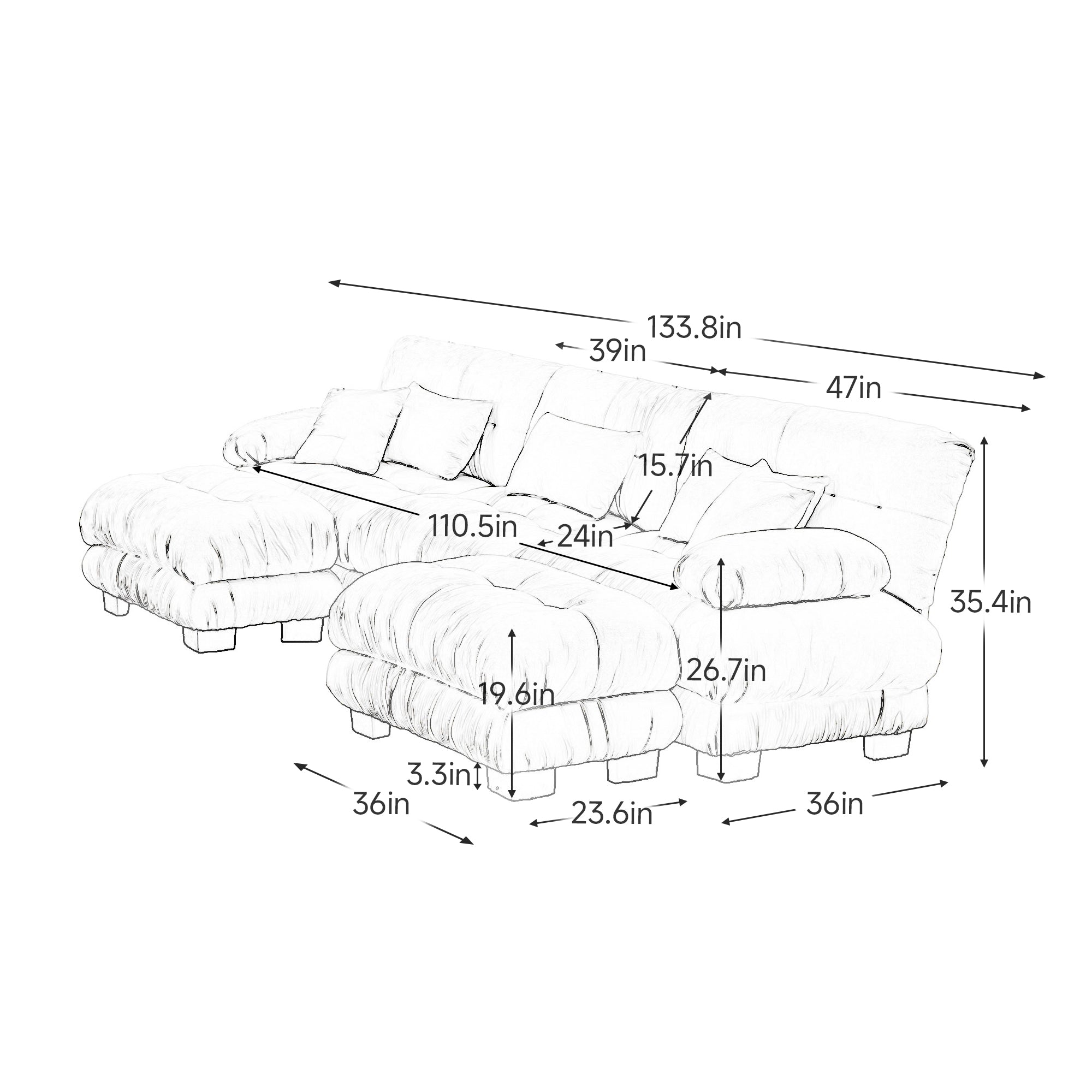 Monterey 134" Modular Chenille U-Shaped Cloud Sectional Sofa with 2 Ottomans