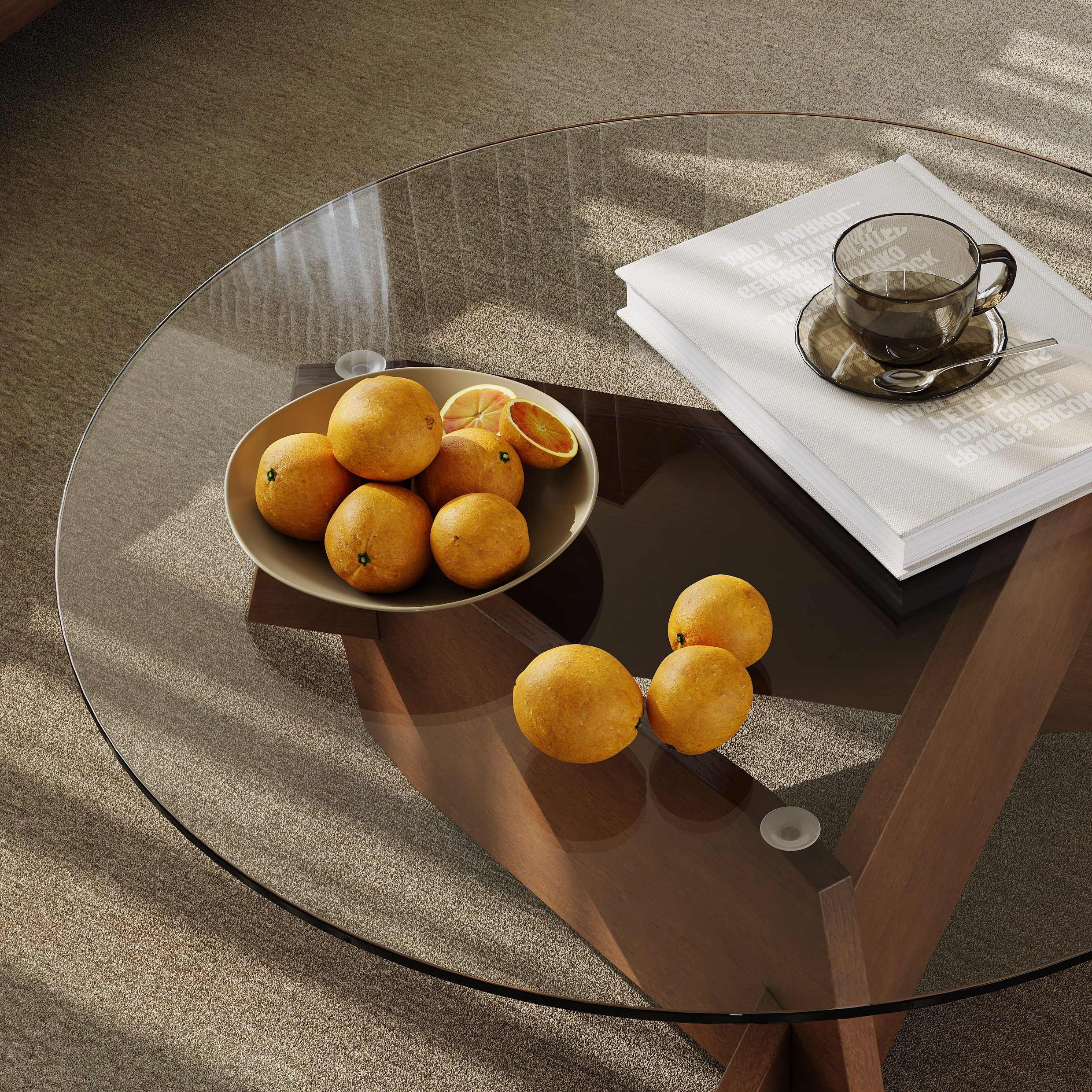 Aubagne 35" Round Coffee Table with Glass Top and Crossed Base