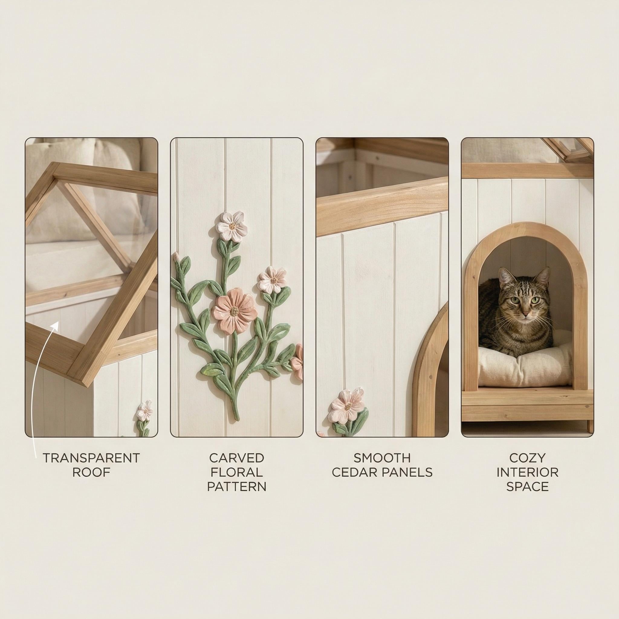 Homy Casa 24" x 22" x 32" Transparent Roof Pet House for Cats & Small Dogs, Indoor Cedar Shelter, White/Wood