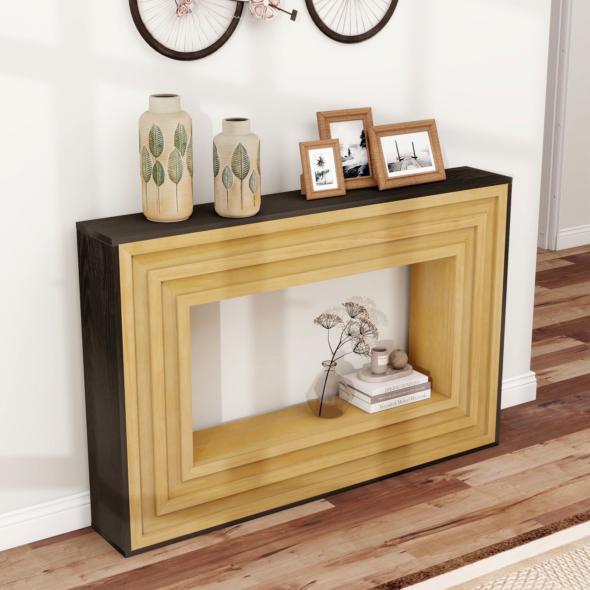 Traverse Modern Layered-Wood Console Table with Black Top