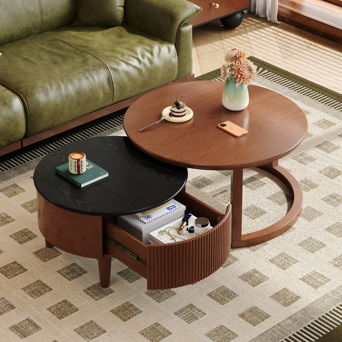 Imola 32" Round Nesting Coffee Table Set with Fluted Storage Drawer