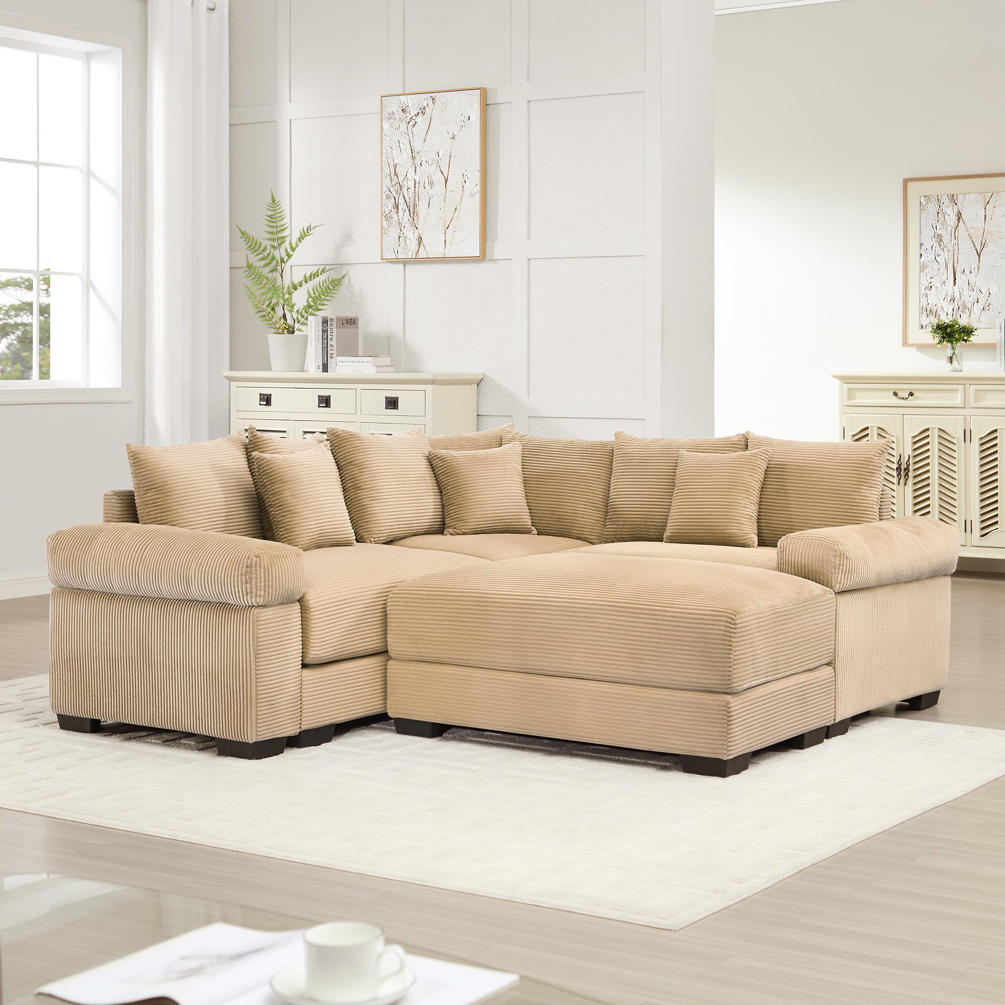Albany 79" 4 Pieces Corduroy Modular Corner Sectional Sofa with Ottoman