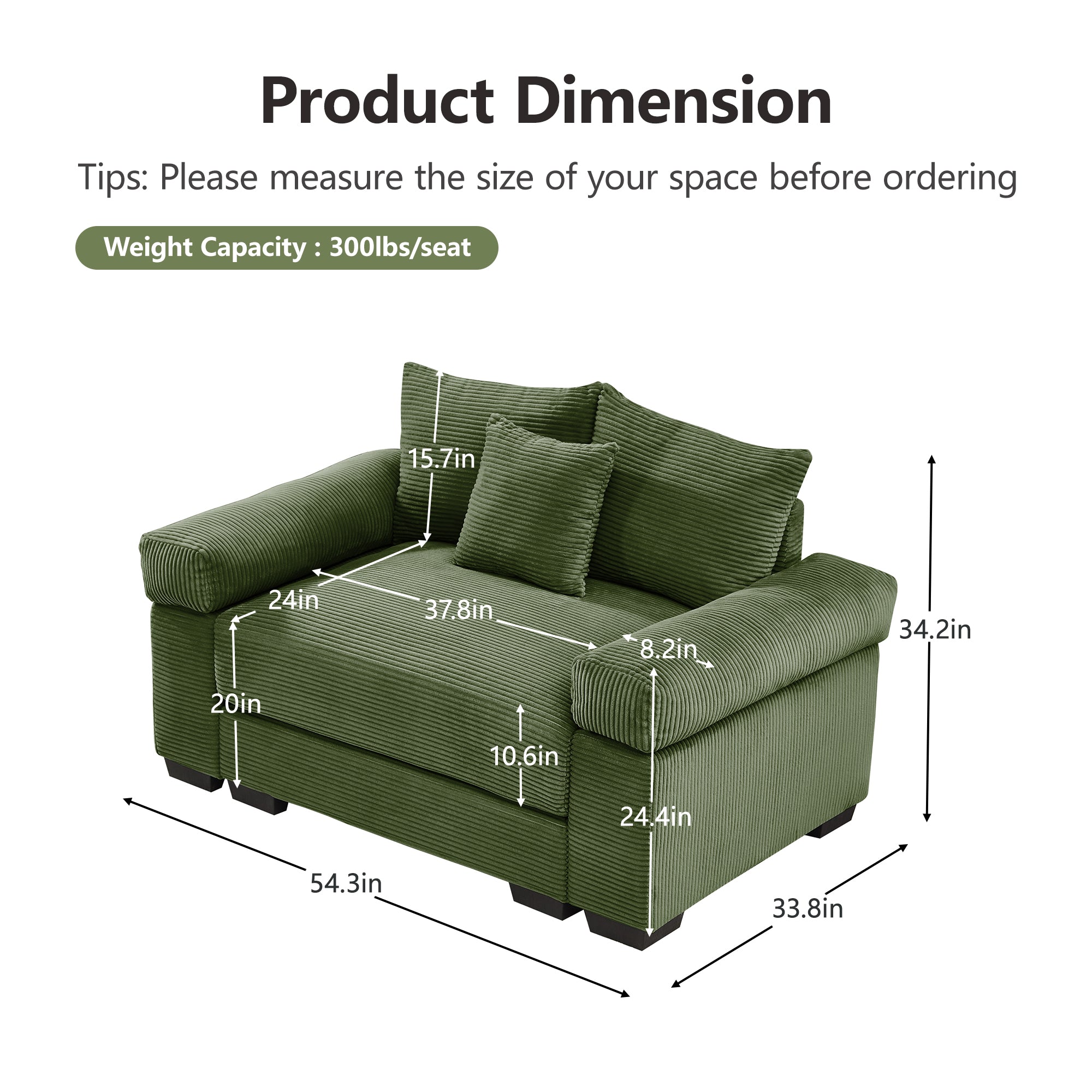 Albany 54.3" 1 Piece Oversized Corduroy Modular Armchair, Green