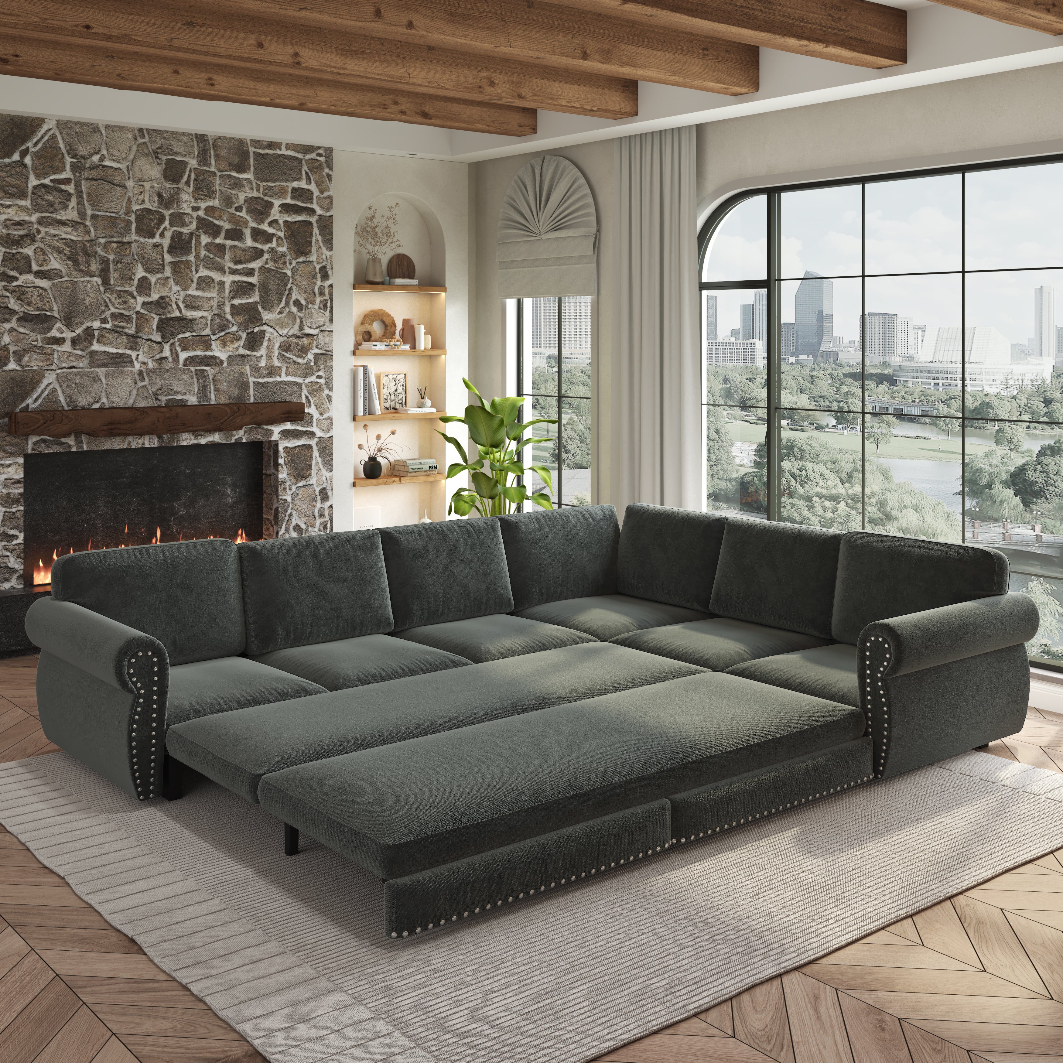 Buffalo 118" Chenille L-Shaped Sectional Sleeper Sofa