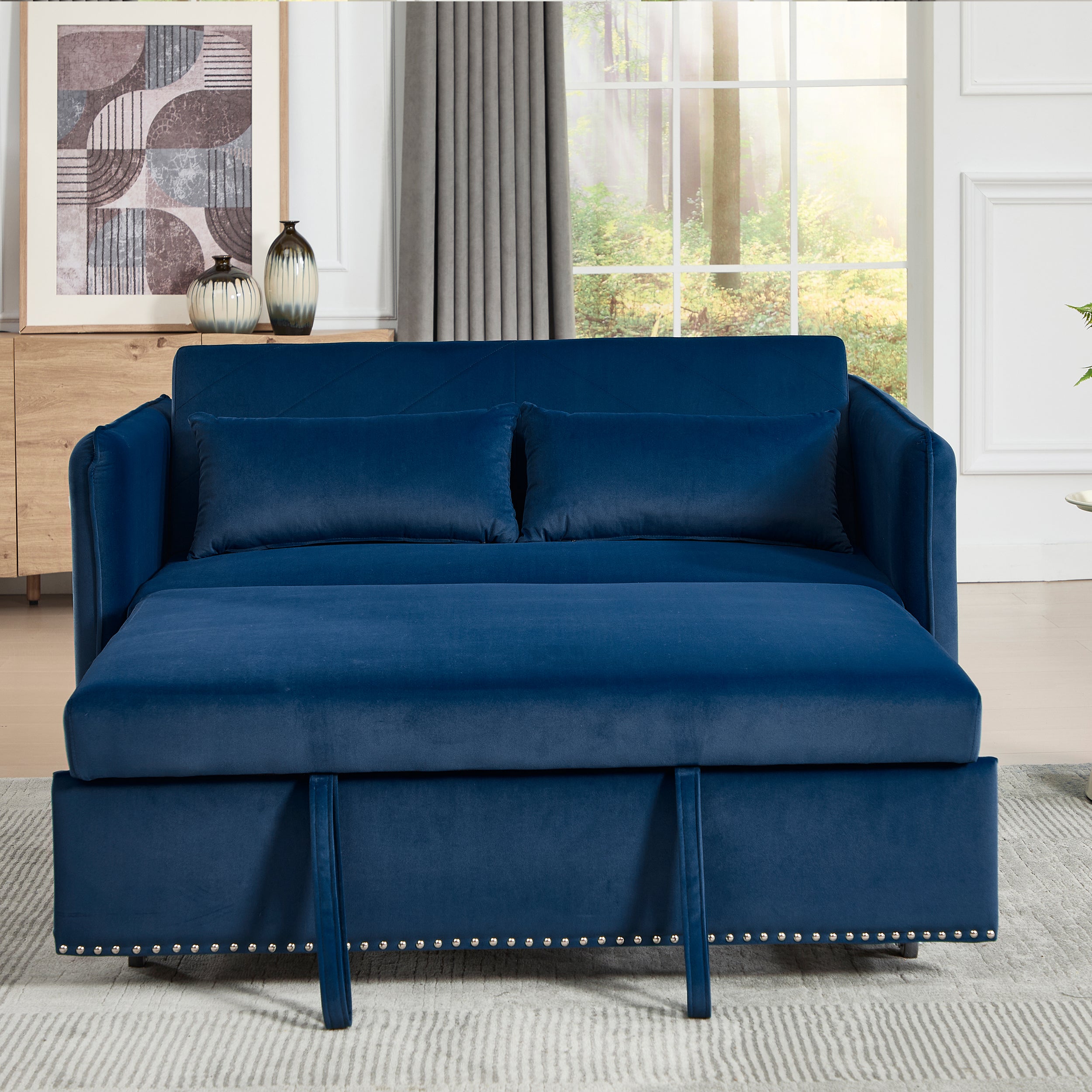 Homy Casa Shreveport 55" Velvet Pull-Out Loveseat Sleeper Sofa Bed with Side Pockets, Blue