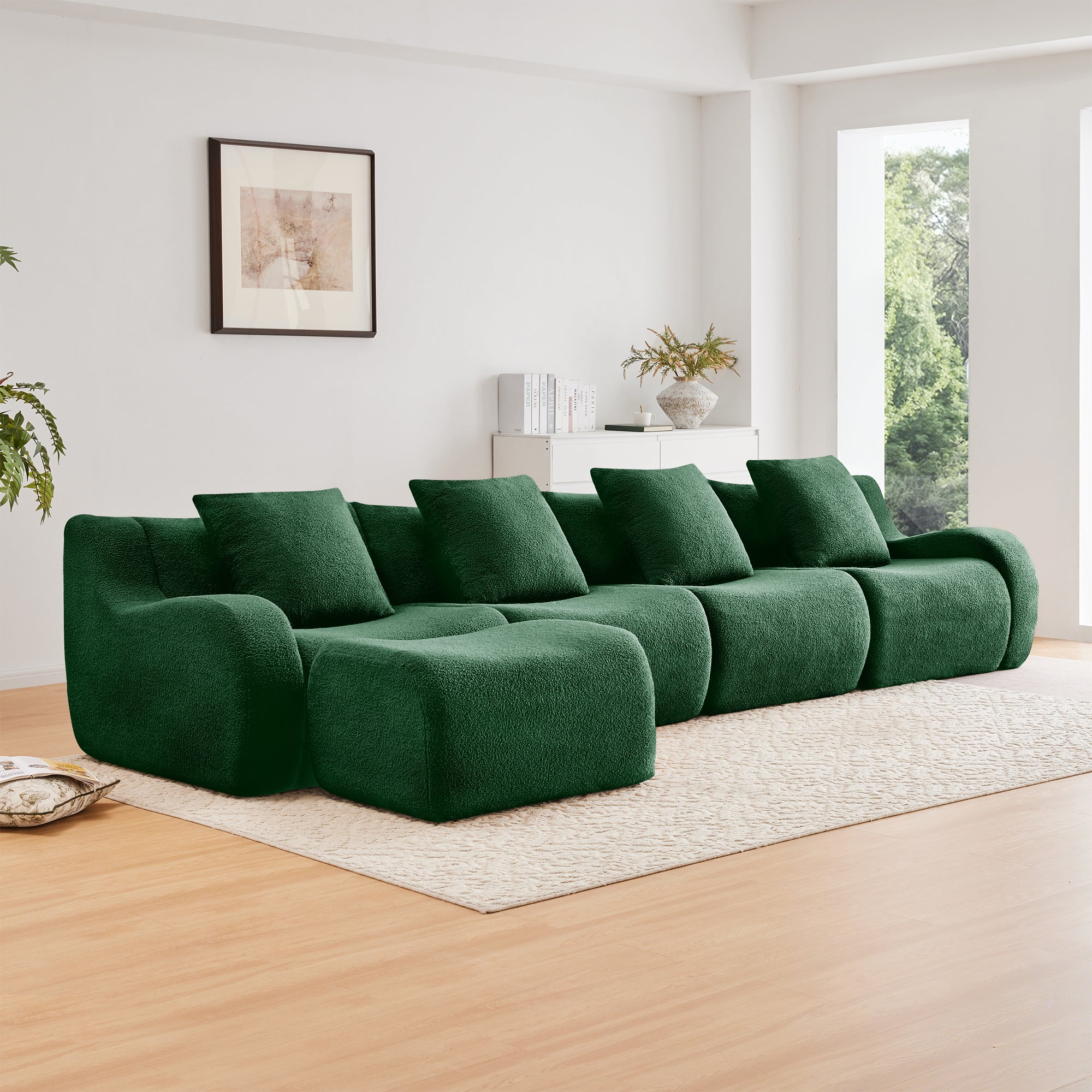 Chico 148" Modular Teddy Fabric L-Shaped Sectional Sofa with Curved Armrests and Ottoman
