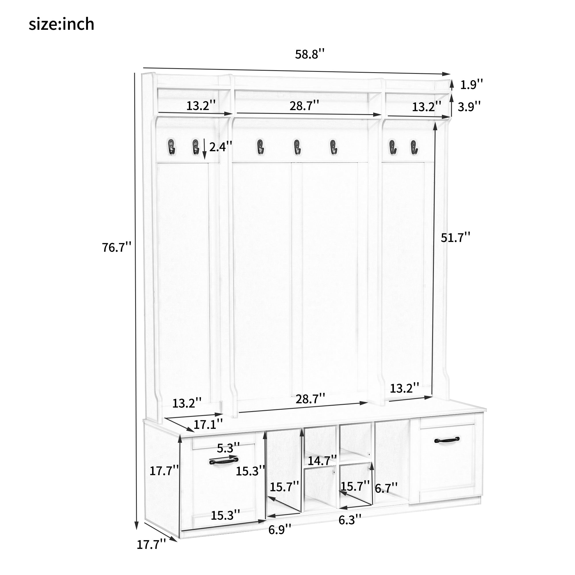 Homy Casa TITAN 59" Modern Wood 5-in-1 Hall Tree Bench with Coat Rack, Drawers and Shelves