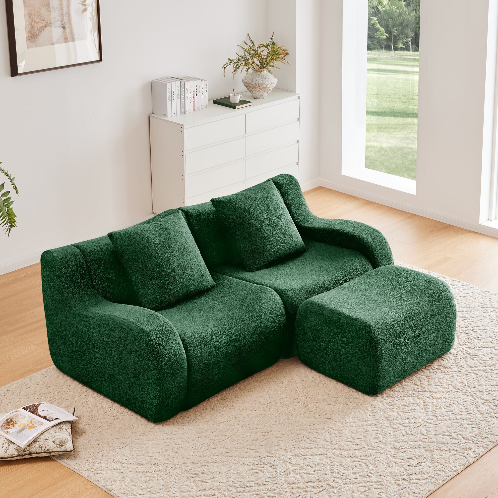 Chico 83" Modular Teddy Fabric L-Shaped Loveseat Sofa with Movable Ottoman