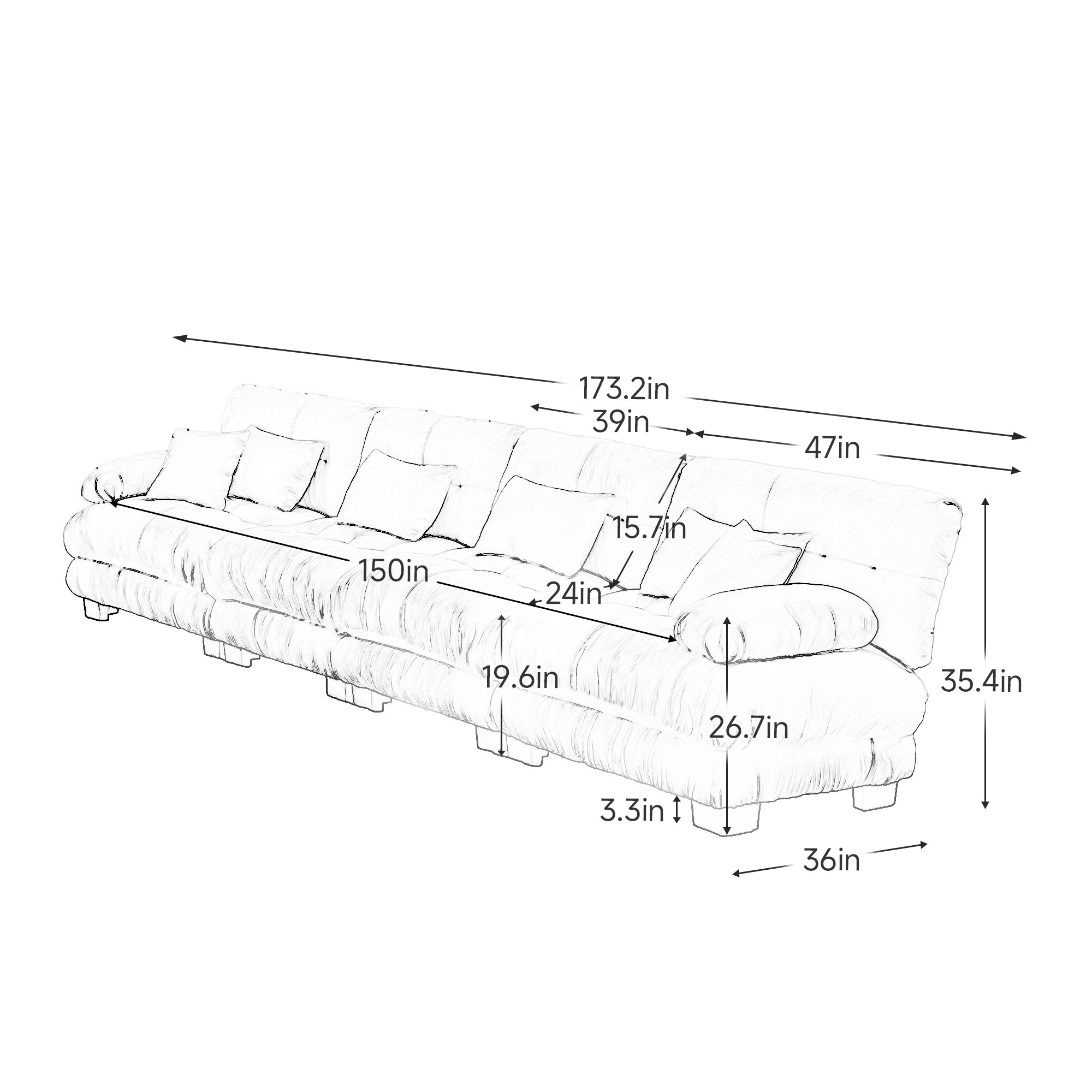 Monterey 173" Extra Large Modular Chenille Cloud Sectional Sofa with Bolstered Armrests