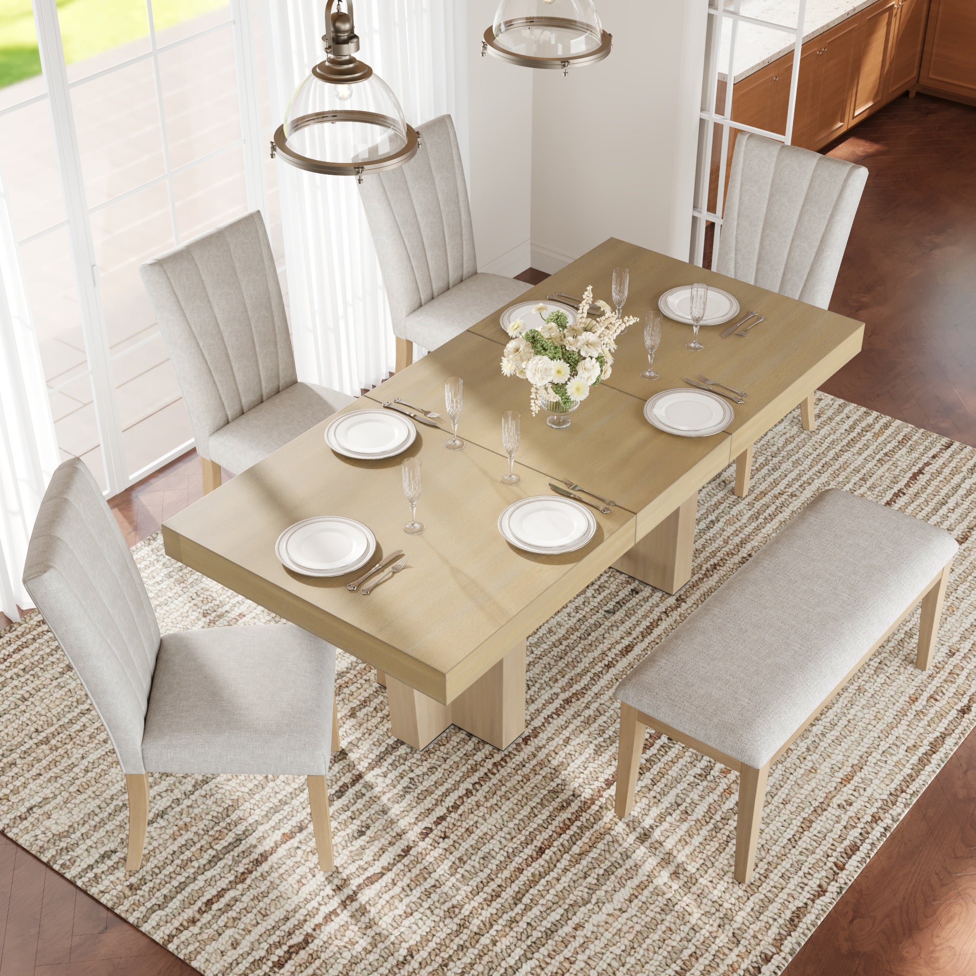 Batur 78" Farmhouse Wood Extendable Dining Table Set with Bench