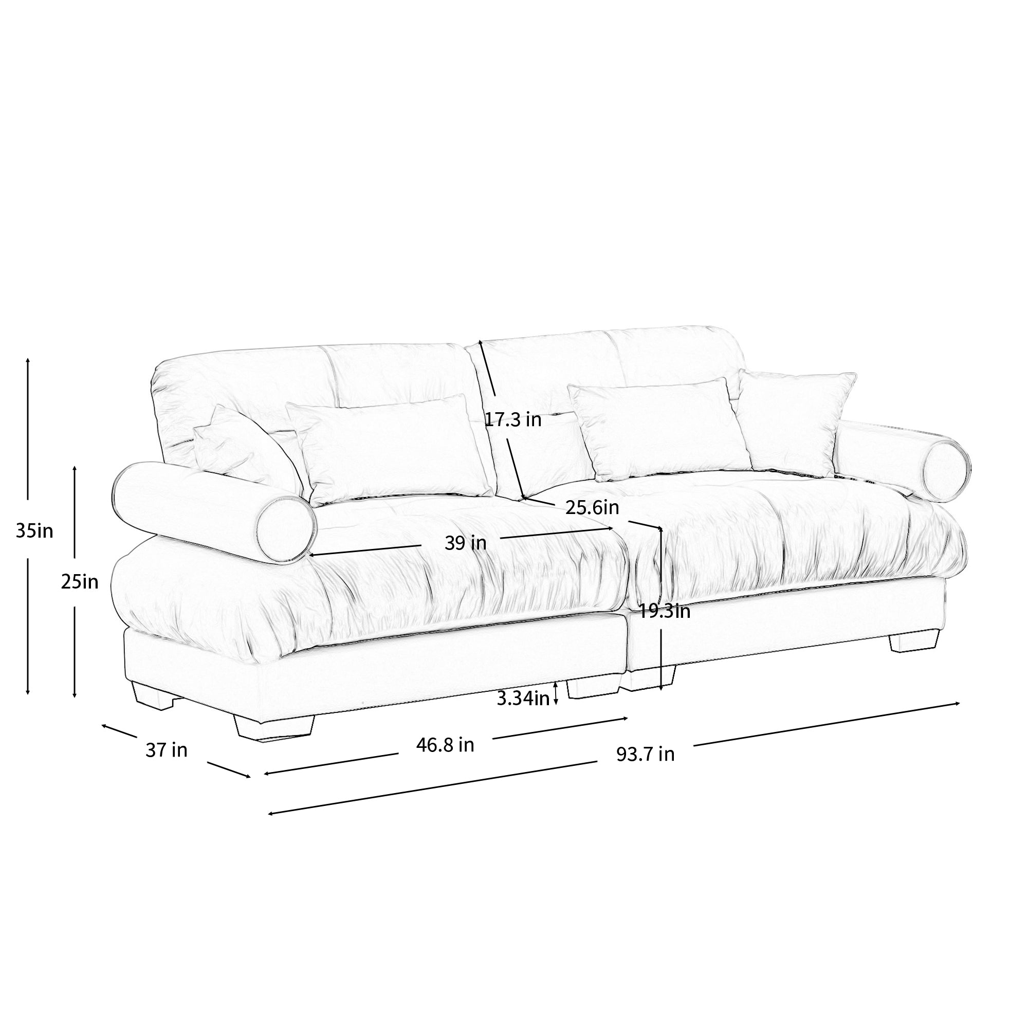 Napa 94" Modular Velvet Upholstered 2-Seater Sofa with Bolstered Armrests