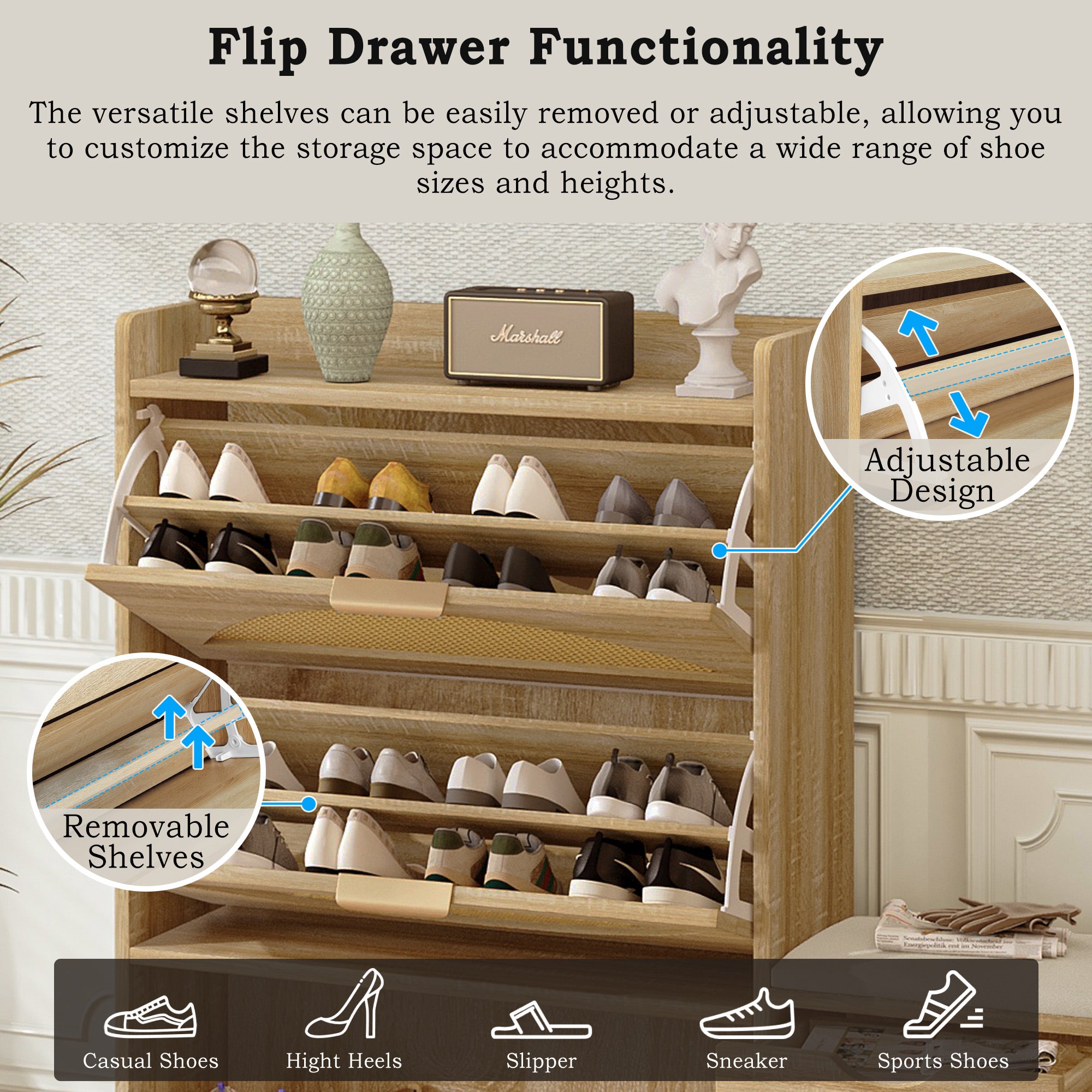 Willow Rattan Shoe Storage Cabinet with Flip Drawers & Bench, Natural Wood Finish