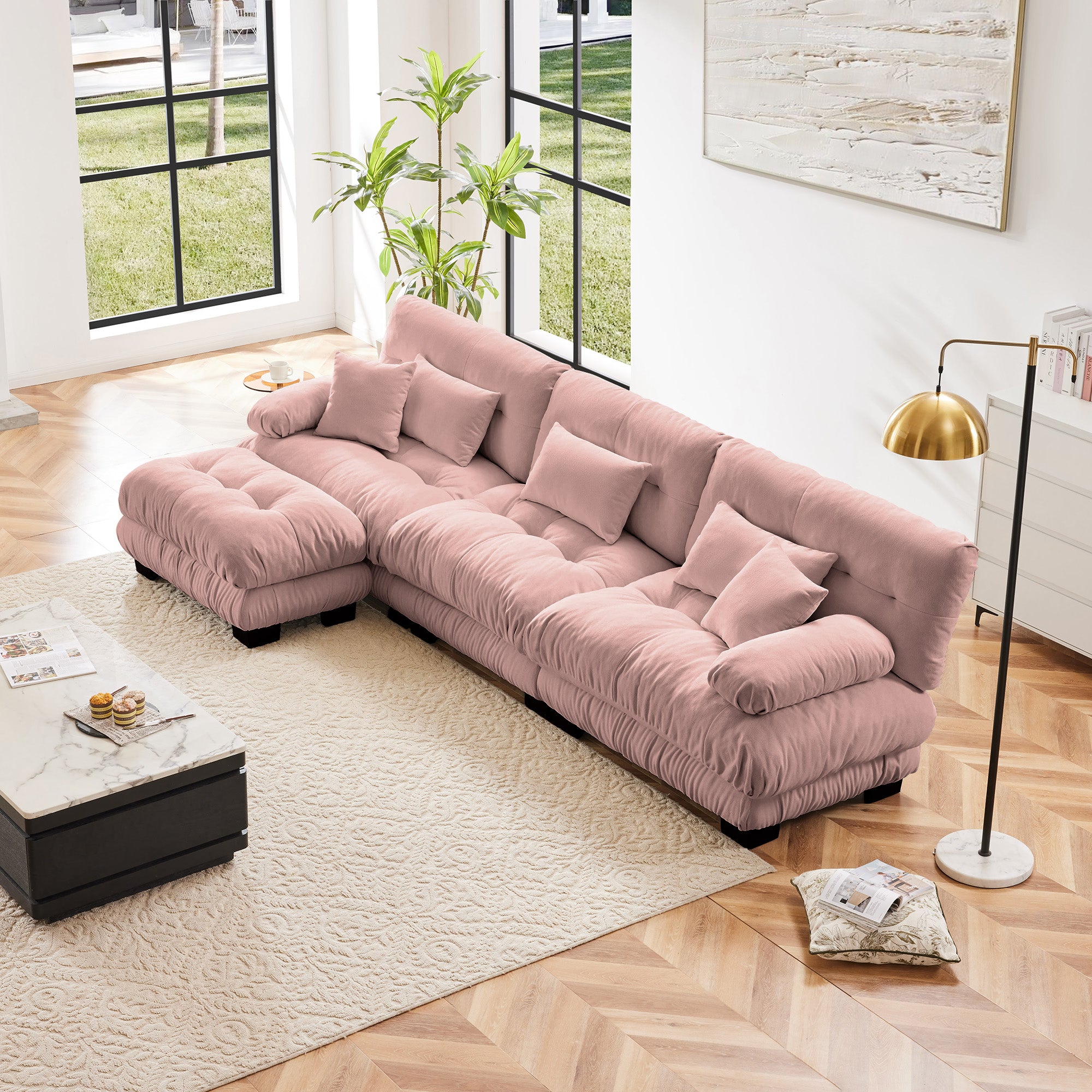 Monterey 134" Modular Chenille Cloud L-Shaped Sectional Sofa with Convertible Ottoman