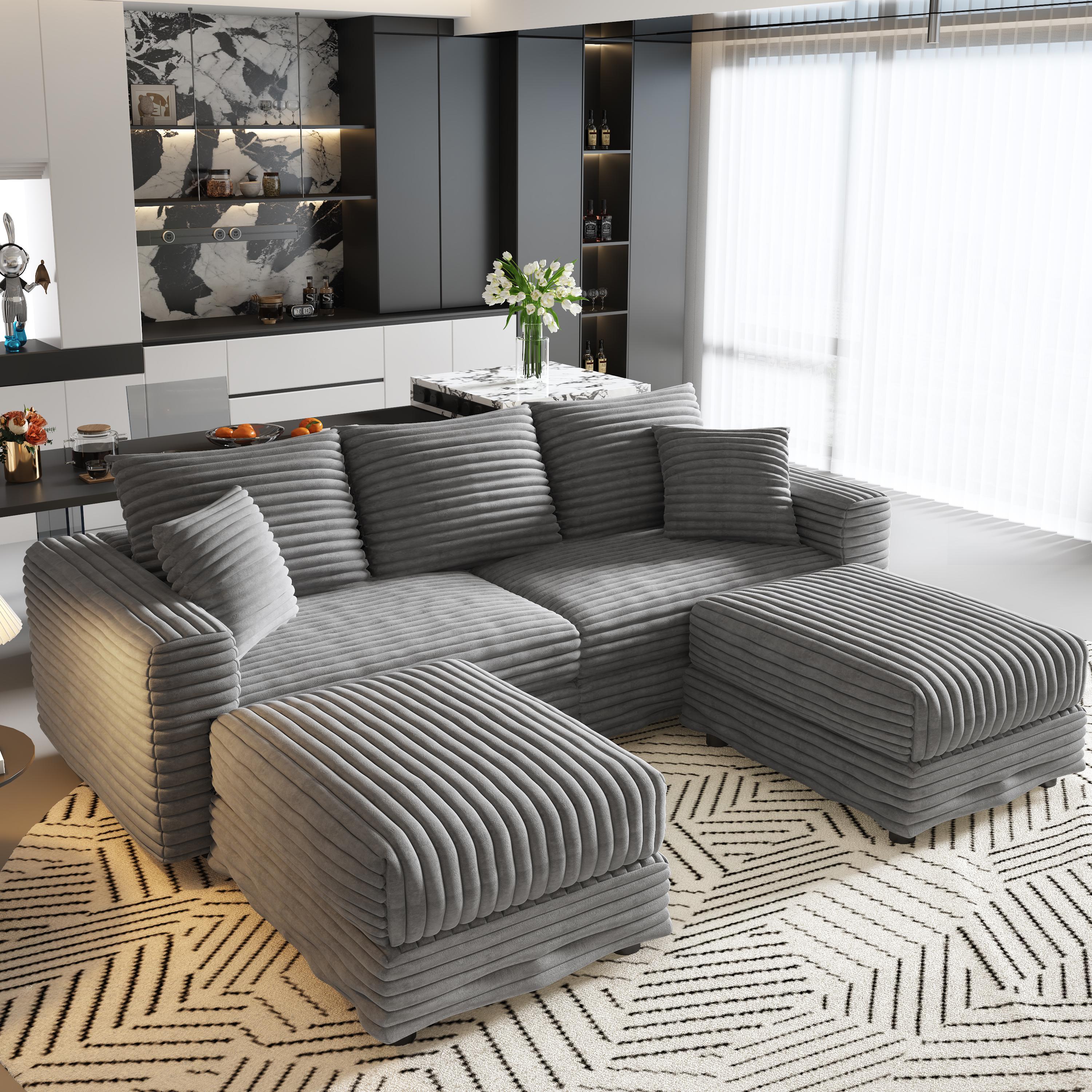 Norwalk 83" Modular Plush Corduroy U-Shaped Sectional Sofa with 2 Movable Ottomans