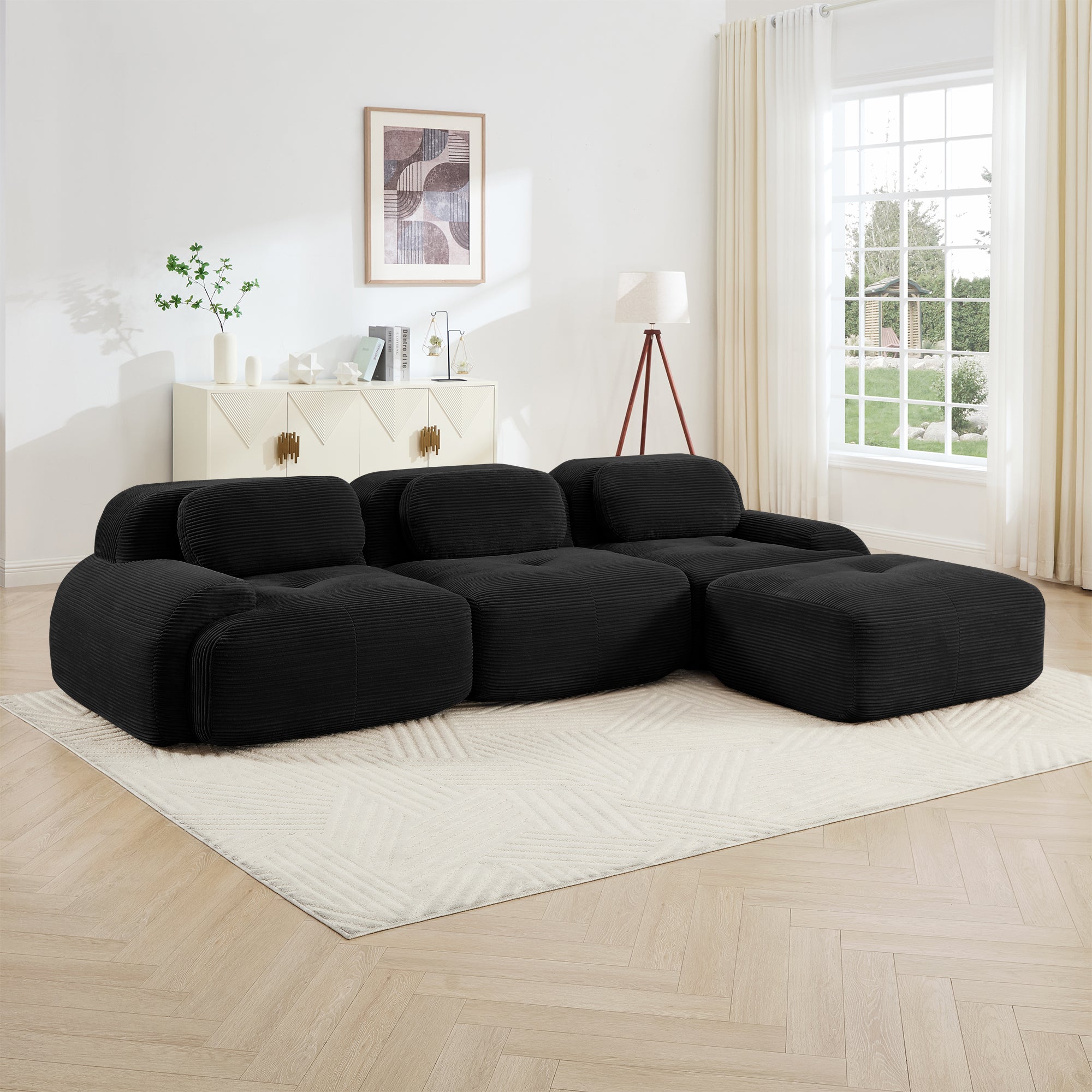 Anchorage 116" Modular Corduroy Cloud L-Shaped Sectional Sofa with Ottoman