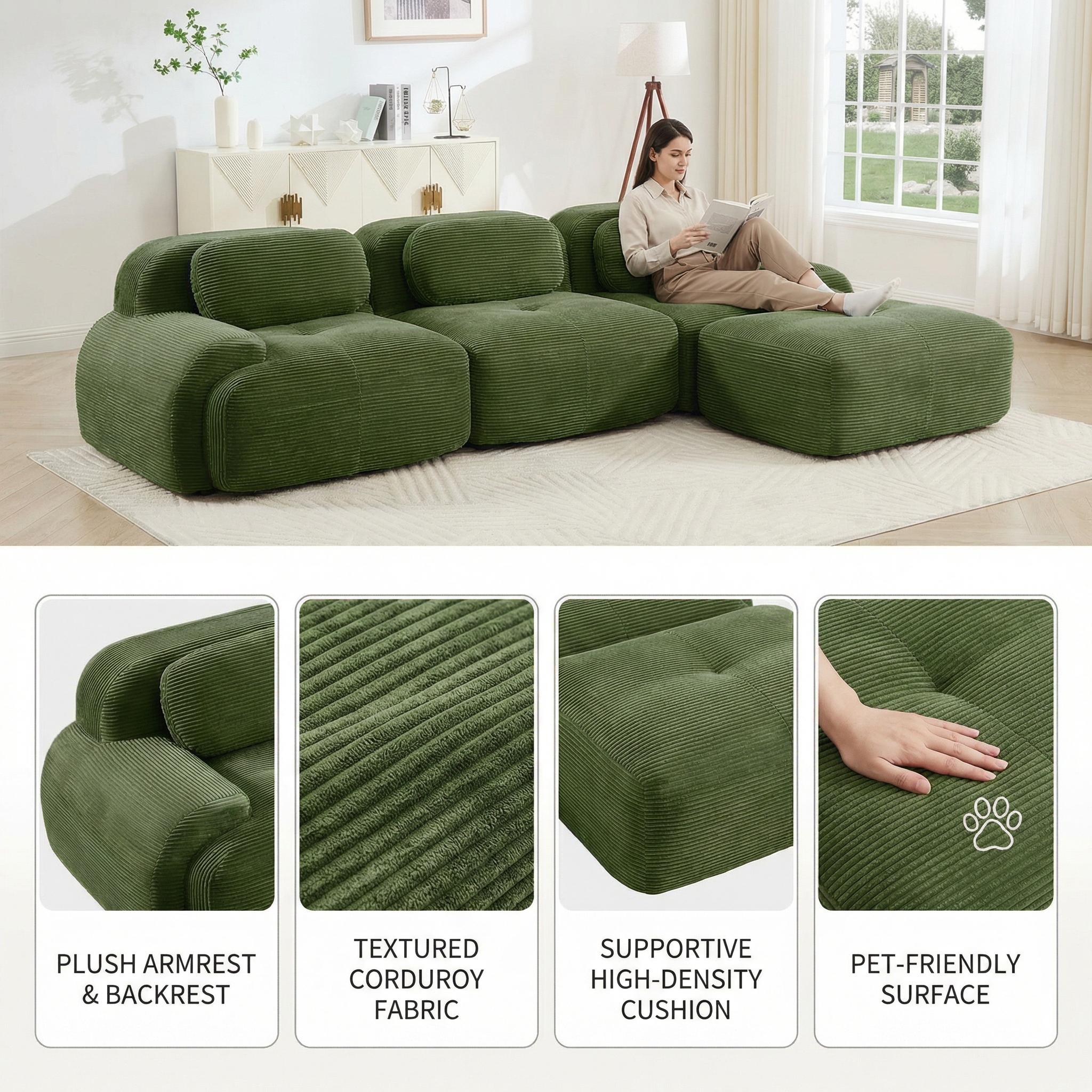 L-Shaped Modular Sofa, No Assembly, Ergonomic Design, Corduroy Fabric, Extra-Wide Armrests, Living Room/Bedroom, Olive Green