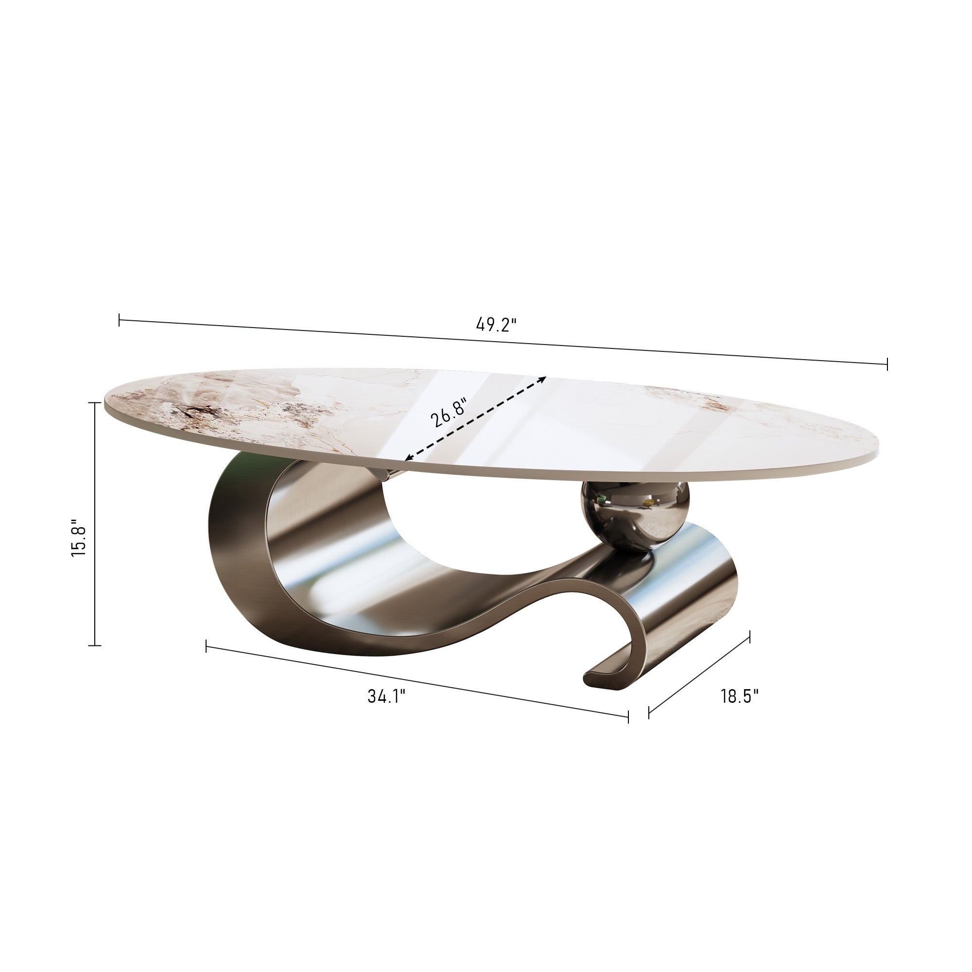 Varese 49" Modern Oval Coffee Table with Marble Top and Sculptural Gold Base