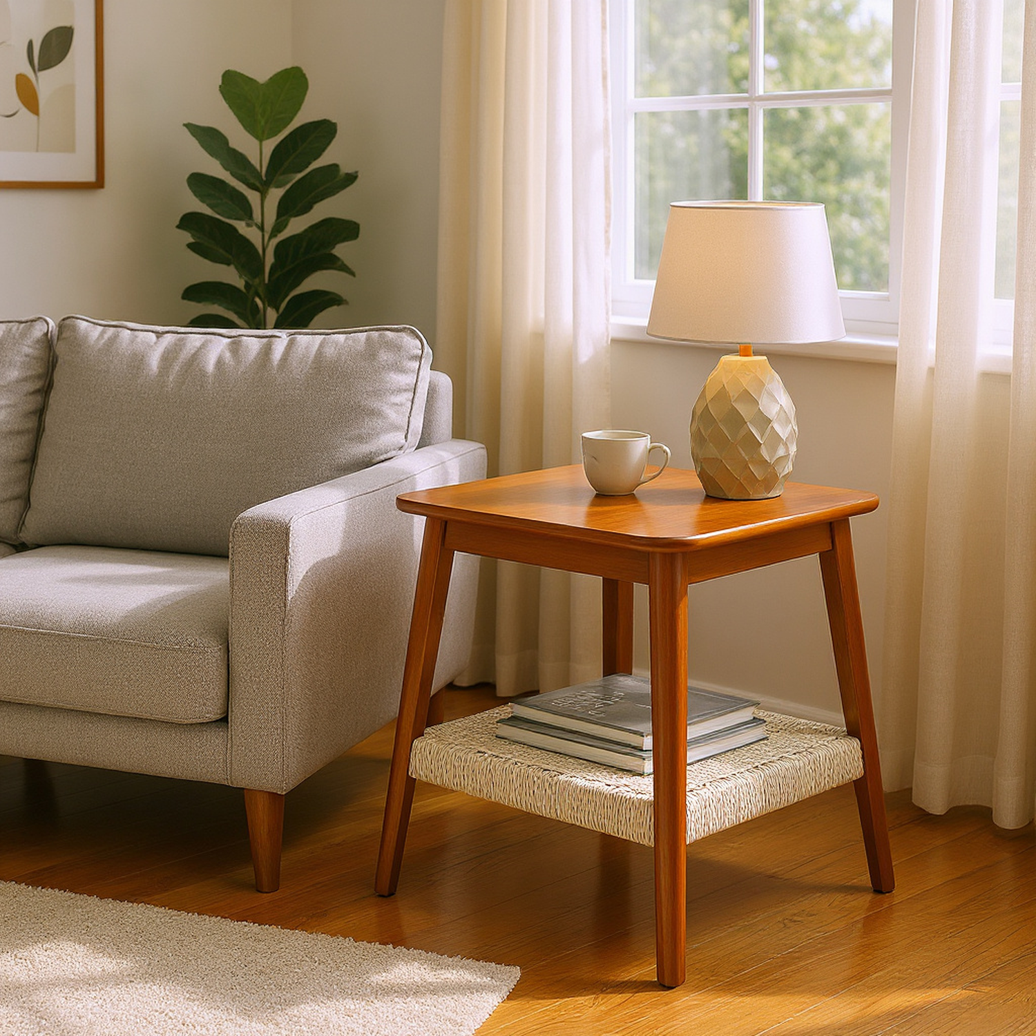 Arles 23" Mid-Century Side Table with Woven Shelf