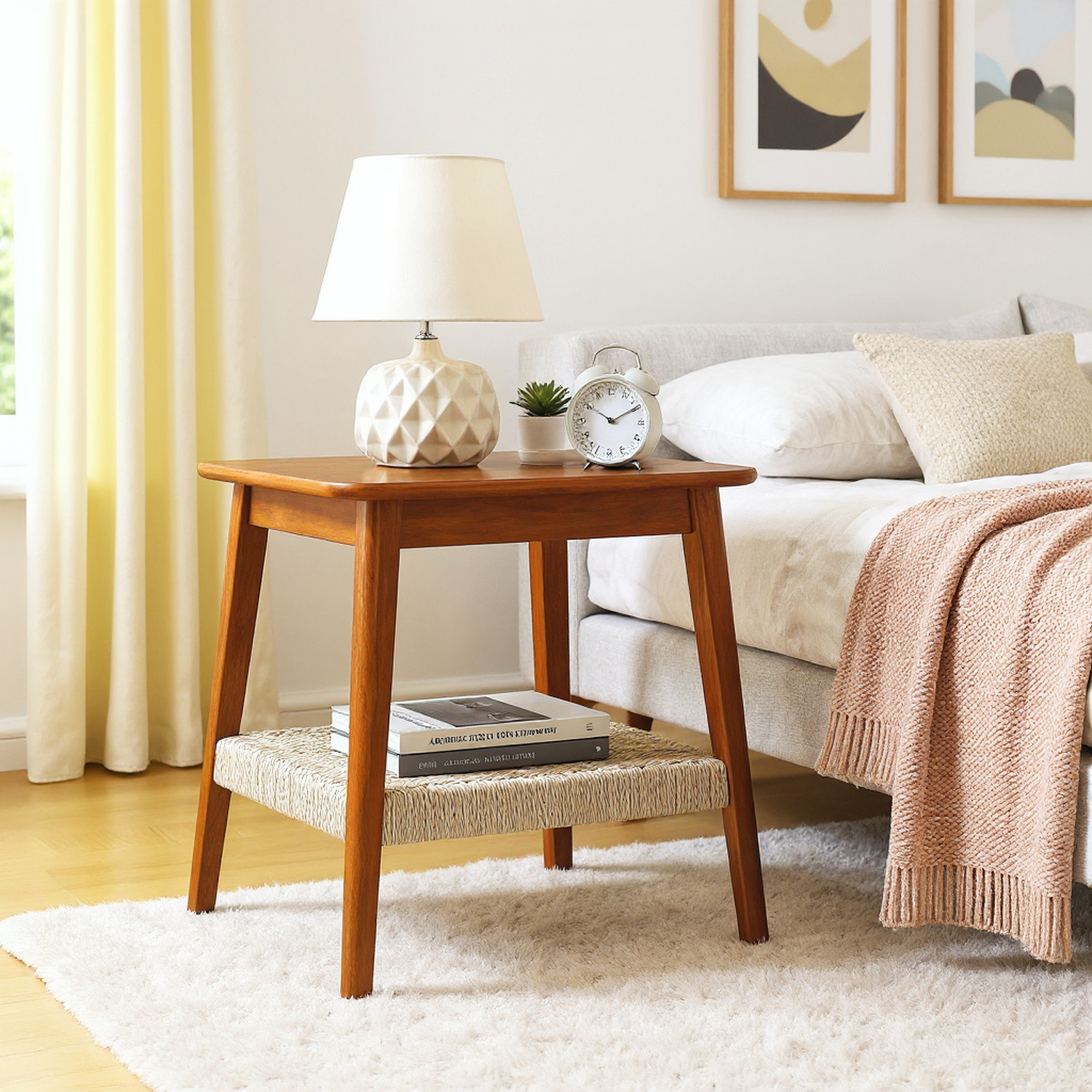 Arles 23" Mid-Century Side Table with Woven Shelf