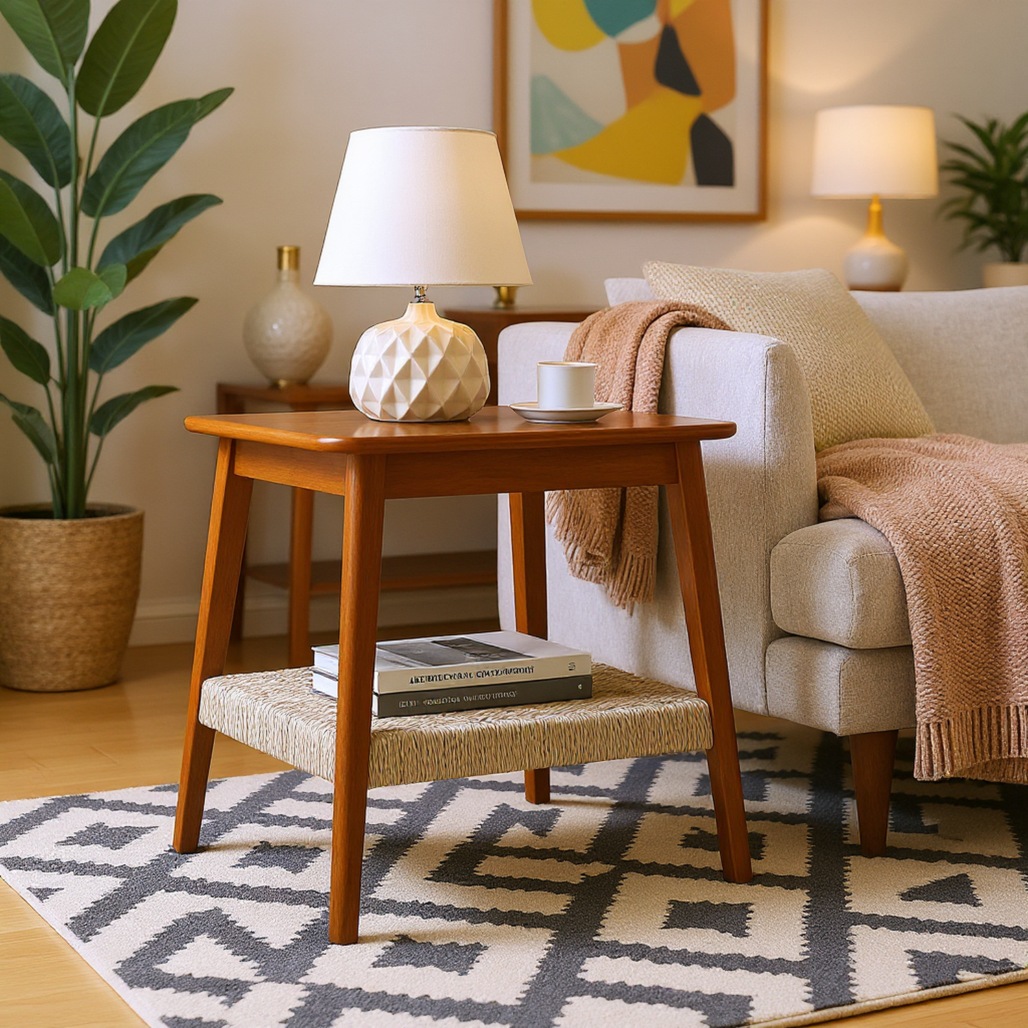Arles 23" Mid-Century Side Table with Woven Shelf