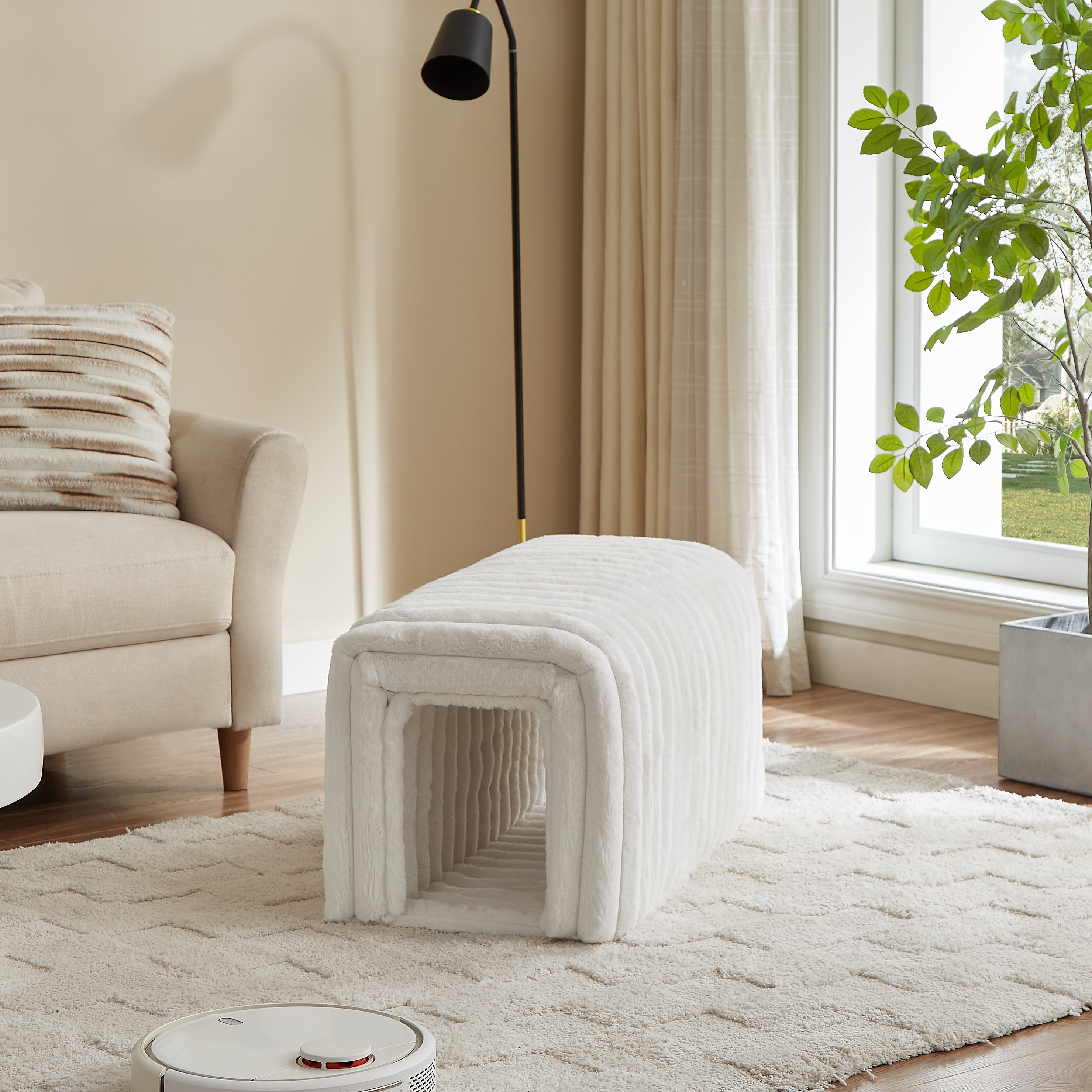 Aros Corduroy Storage Ottoman Bench with Cat Tunnels