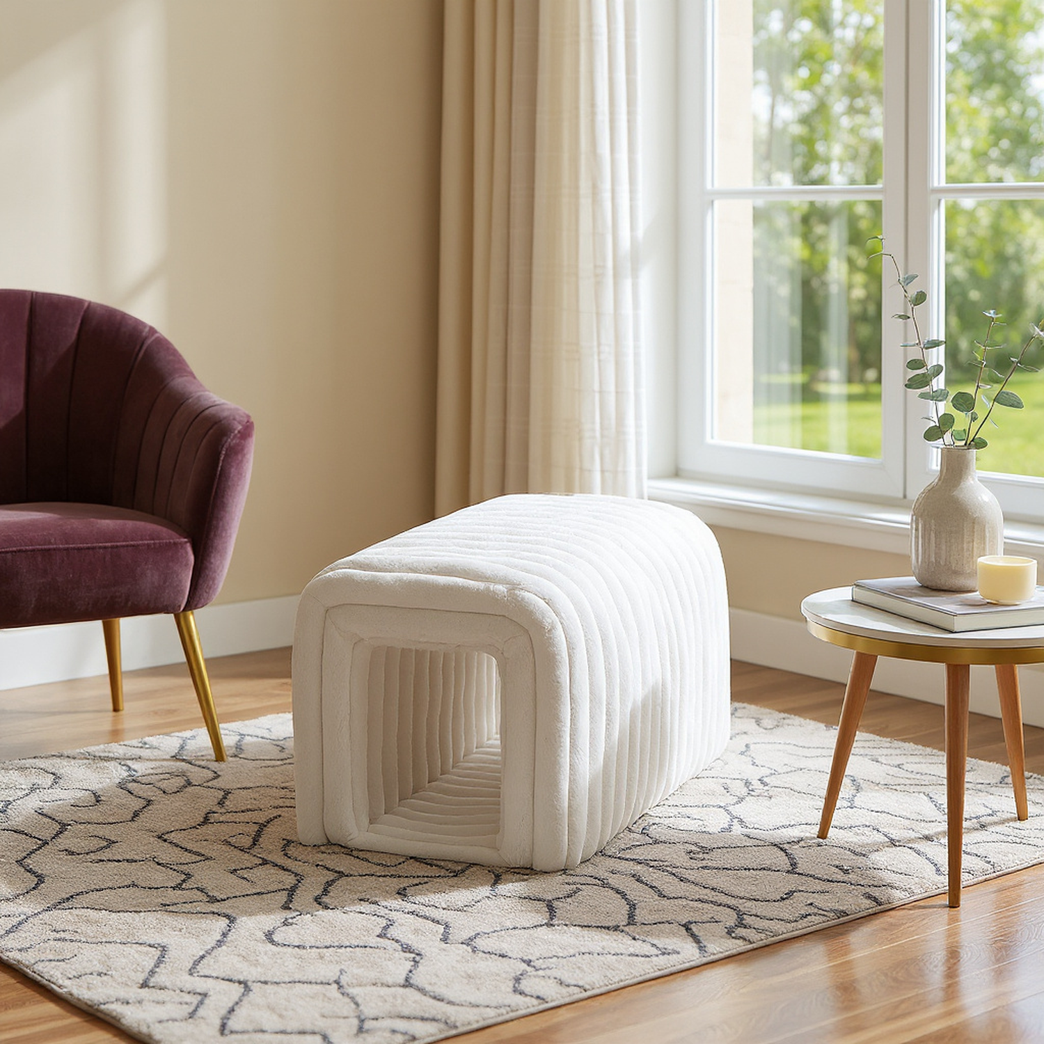 Aros Corduroy Storage Ottoman Bench with Cat Tunnels