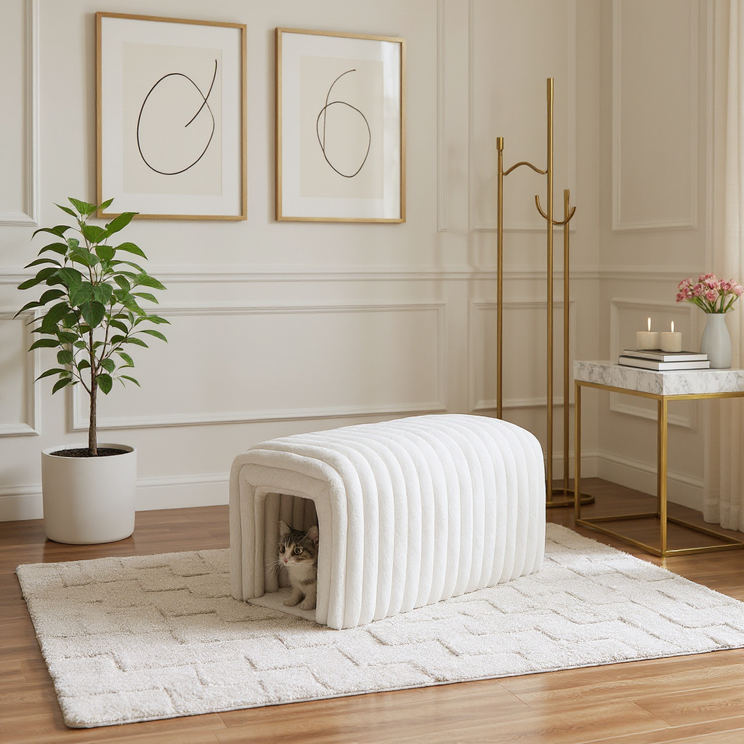 Aros Corduroy Storage Ottoman Bench with Cat Tunnels
