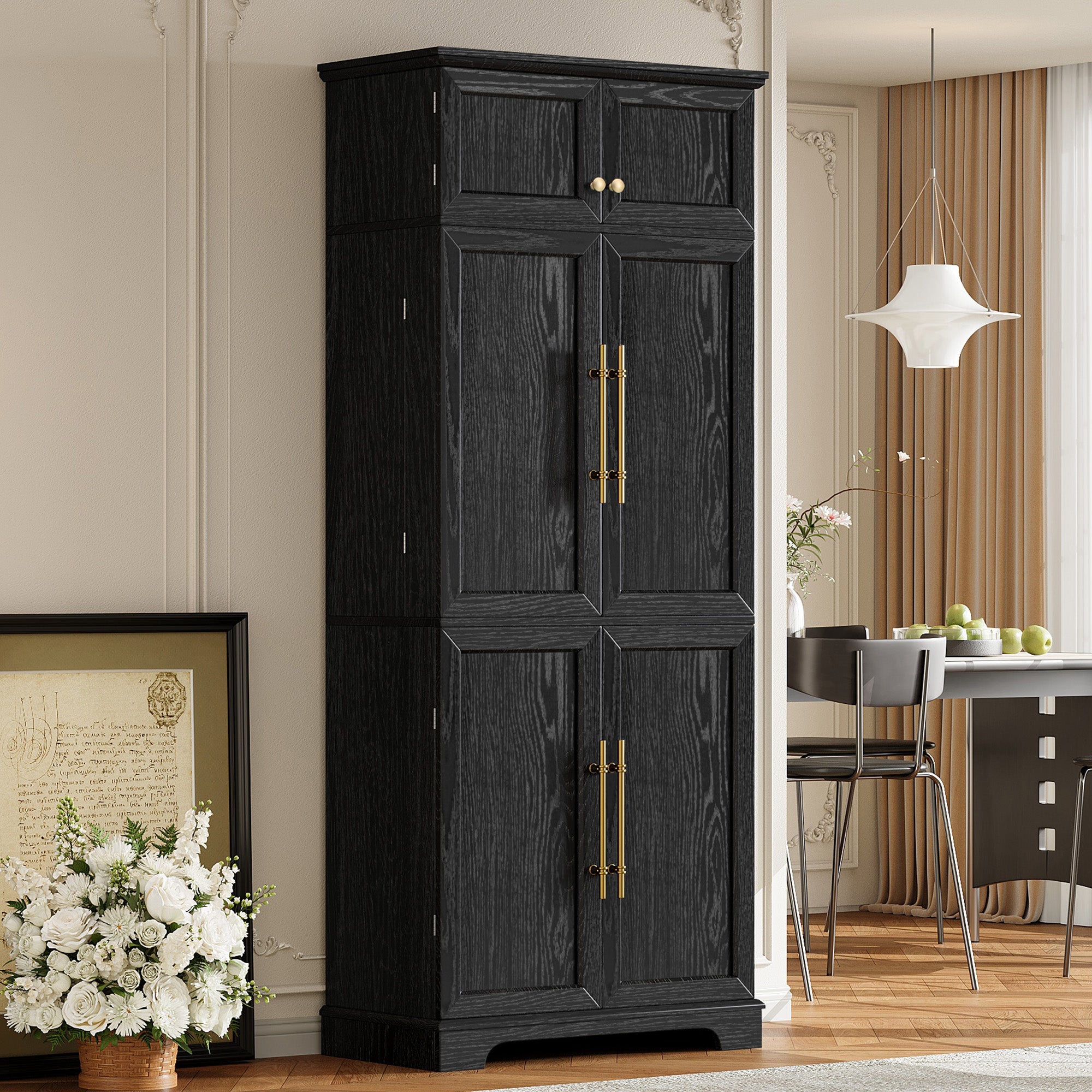 Bristol 78.2" Farmhouse Ash-Black Kitchen Pantry Cabinet with Adjustable Shelves