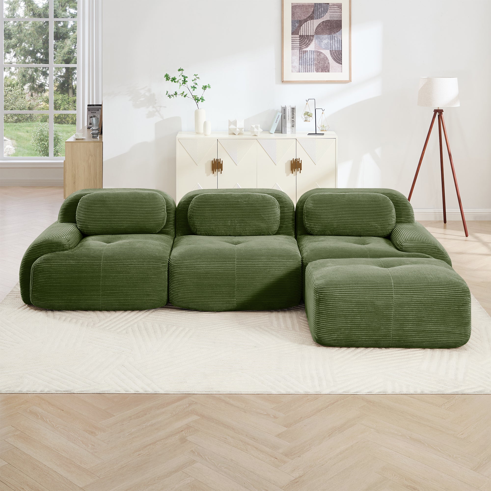 L-Shaped Modular Sofa, No Assembly, Ergonomic Design, Corduroy Fabric, Extra-Wide Armrests, Living Room/Bedroom, Olive Green