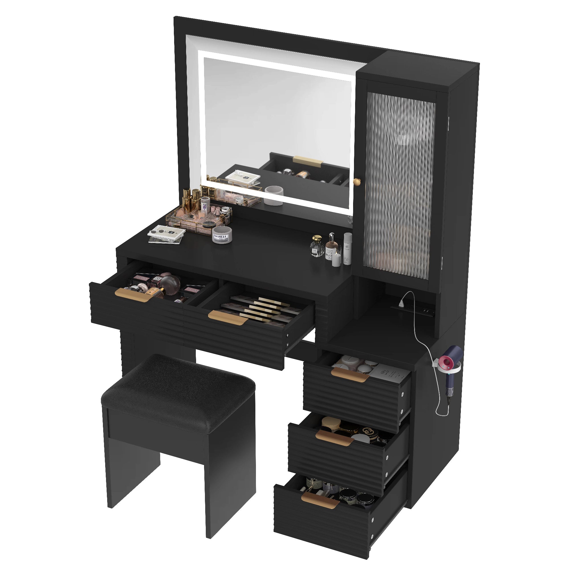 Fernwood 43.5" Fluted Makeup Vanity Set with Lighted Mirror and Charging Station