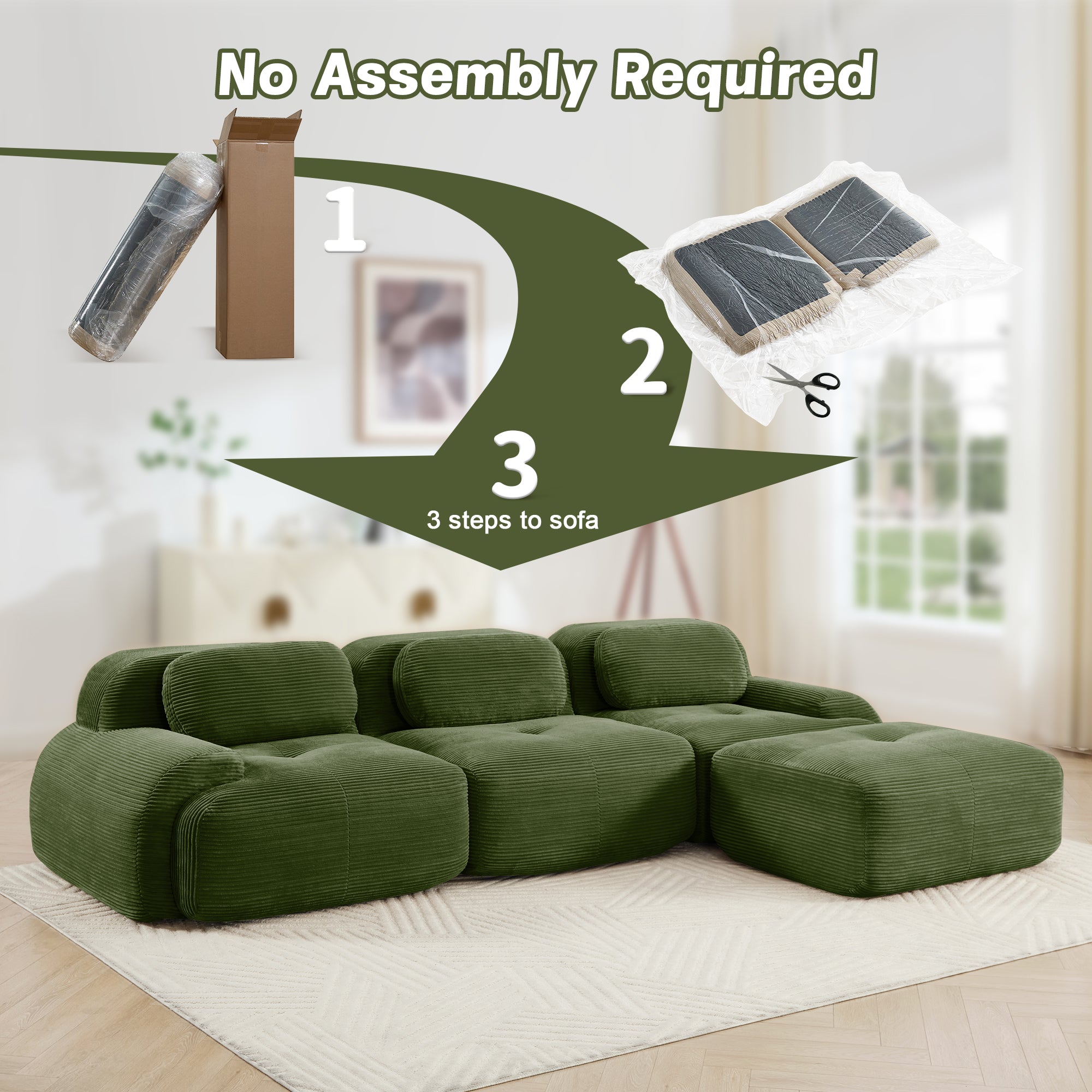 L-Shaped Modular Sofa, No Assembly, Ergonomic Design, Corduroy Fabric, Extra-Wide Armrests, Living Room/Bedroom, Olive Green
