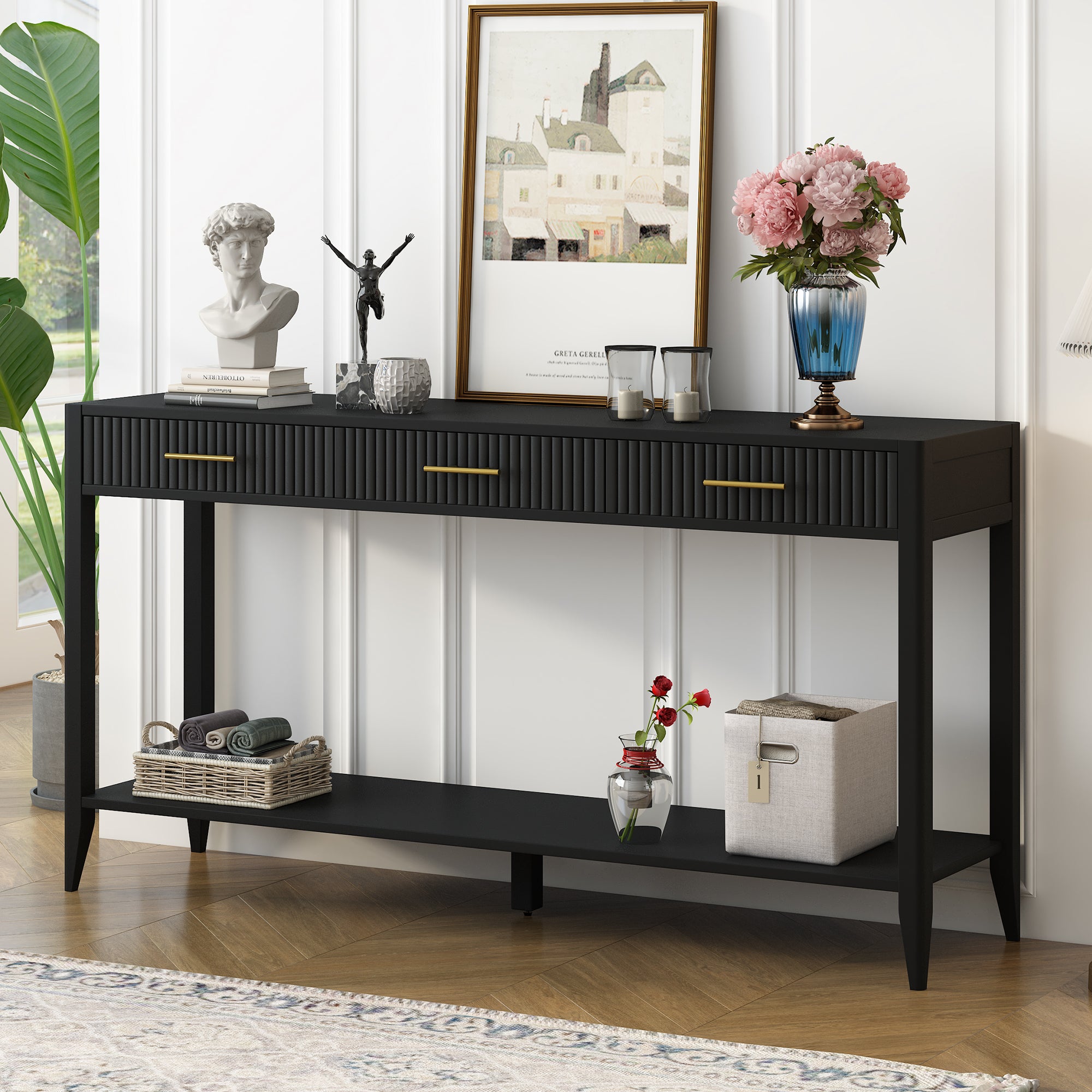 60' Painted Console Table with 3 Drawers,Wooden Entryway Table with Storage Shelf, Farmhouse Sofa Table for Living Room, Hallway,Entryway, Foyer, Corridor(Black)