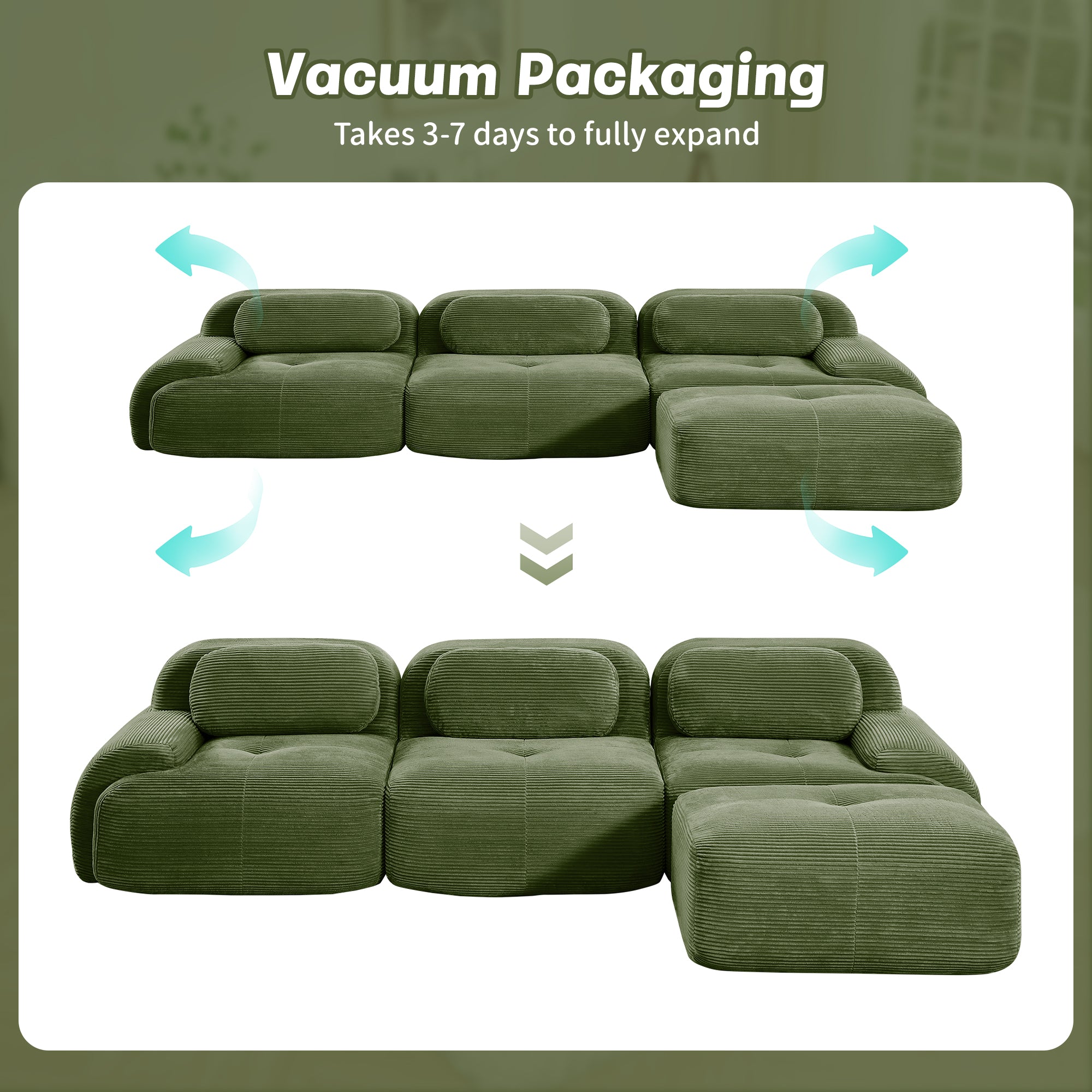 L-Shaped Modular Sofa, No Assembly, Ergonomic Design, Corduroy Fabric, Extra-Wide Armrests, Living Room/Bedroom, Olive Green