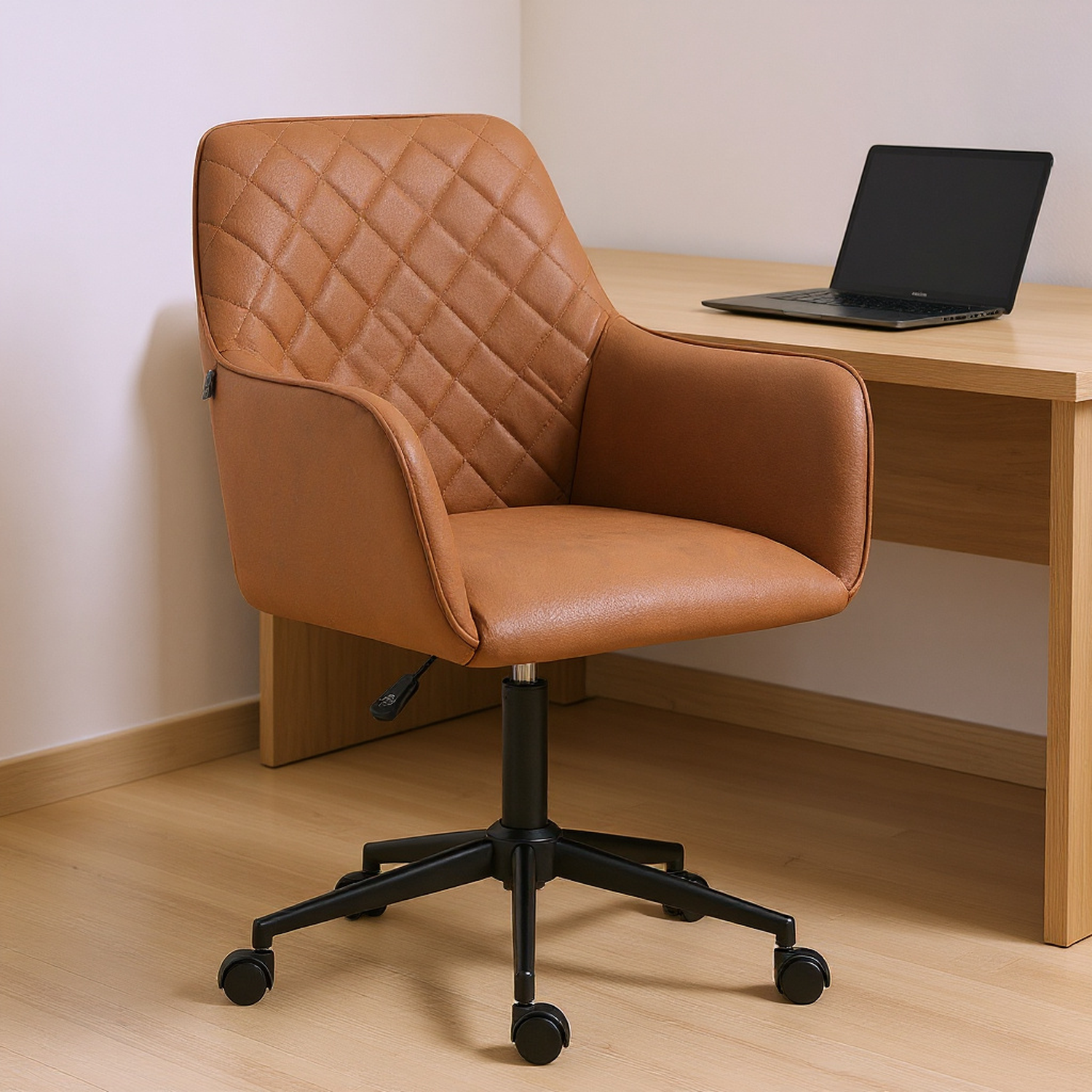 Mid Back Modern Home Office Chair Swivel Computer Desk Chair with Adjustable Height, Microfiber Cloth, Diamond Line Design, and Padded Armrests, Brown