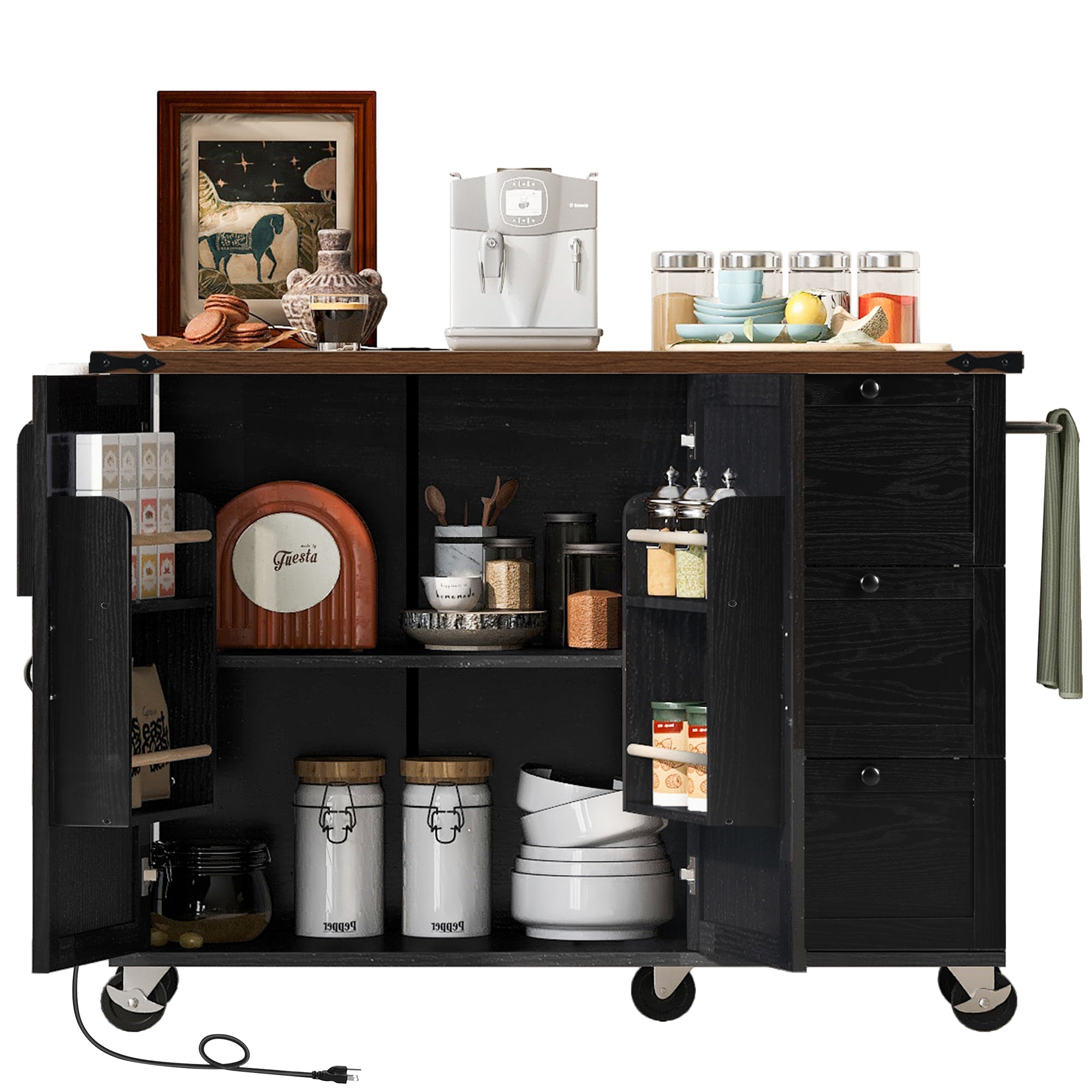 54.5" Farmhouse Kitchen Island with Power Outlet, Kitchen Storage Island  with Internal Storage Rack, Drop Leaf, Spice Rack, Rolling Kitchen Cart on Wheels, for Home, Kitchen and Dining Room,Black
