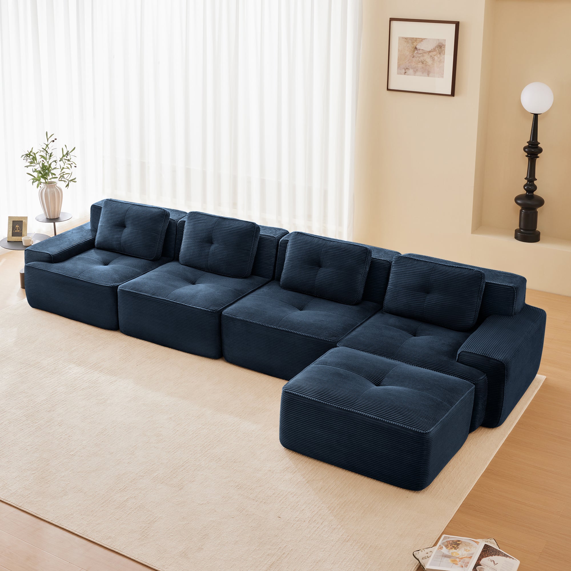 Racine 153" Modular Corduroy Fabric L-Shaped Sectional Sofa with Deep Seat and Movable Ottoman