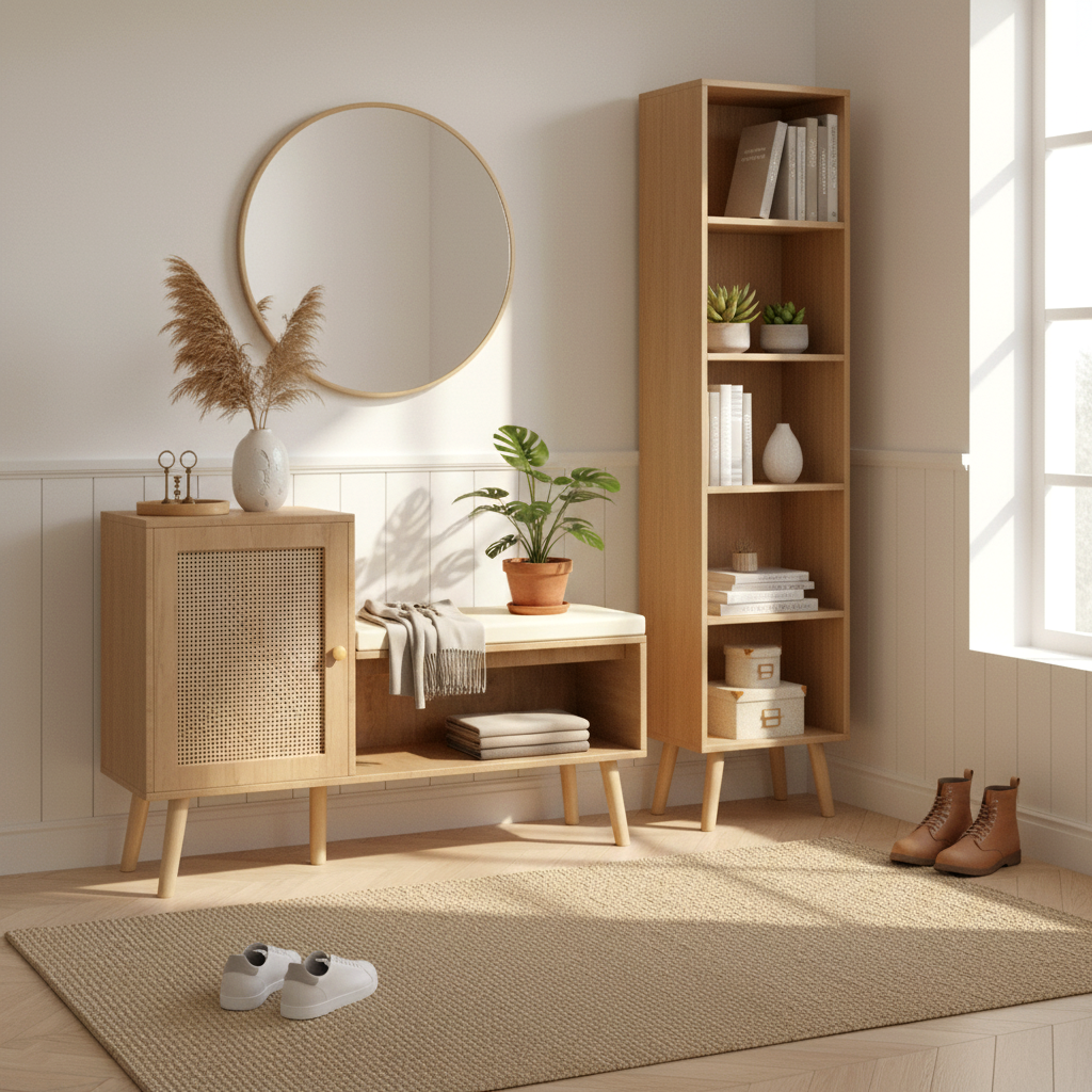 Selene Rattan Shoe Storage Bench with Shelves, Natural Finish