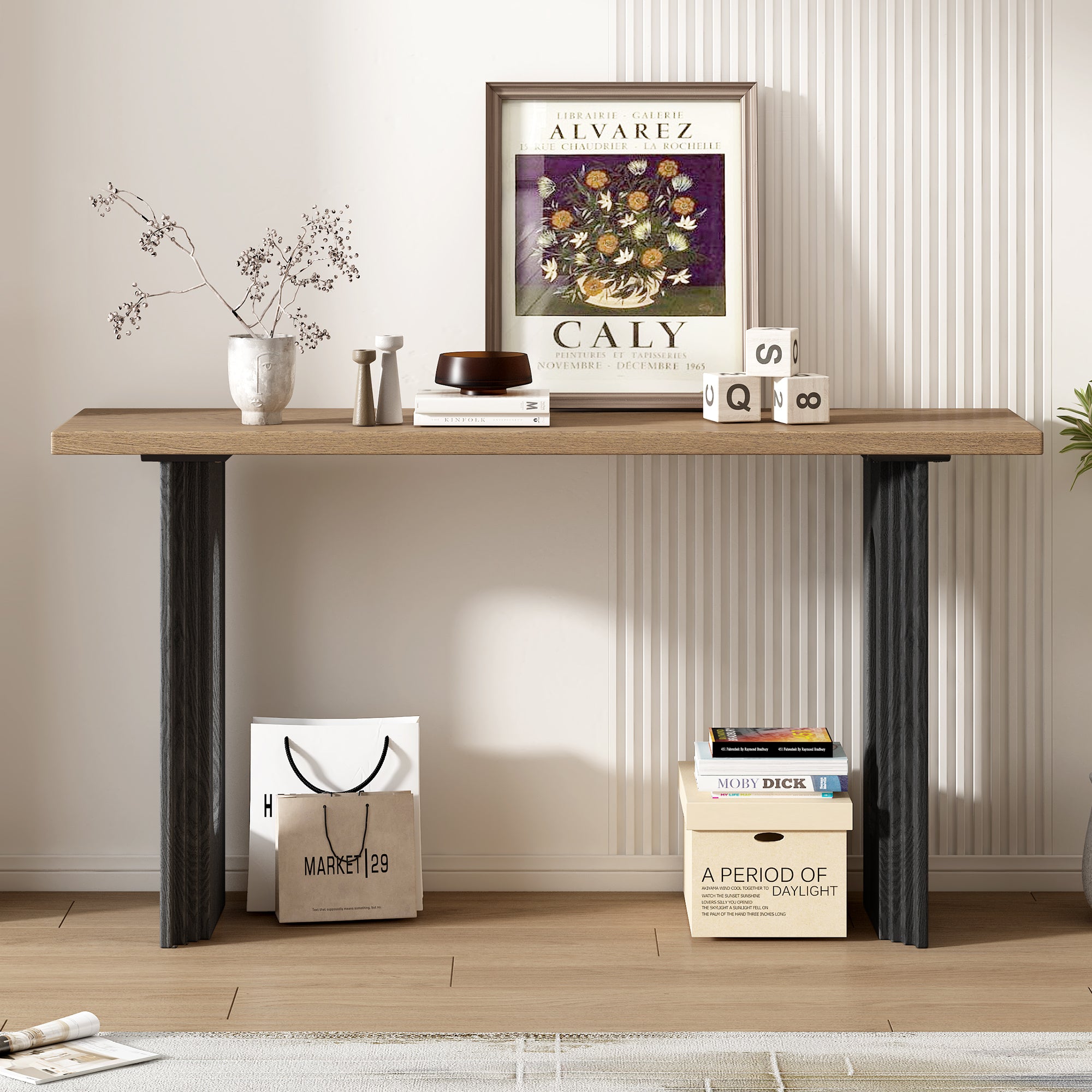 Uniquely Designed Console Table made of Fraxinus Mandschuric Solid Wood Veneer,with Distinctive Round Hollow Legs, Suitable for Foyer, Living Room, or Hallway.