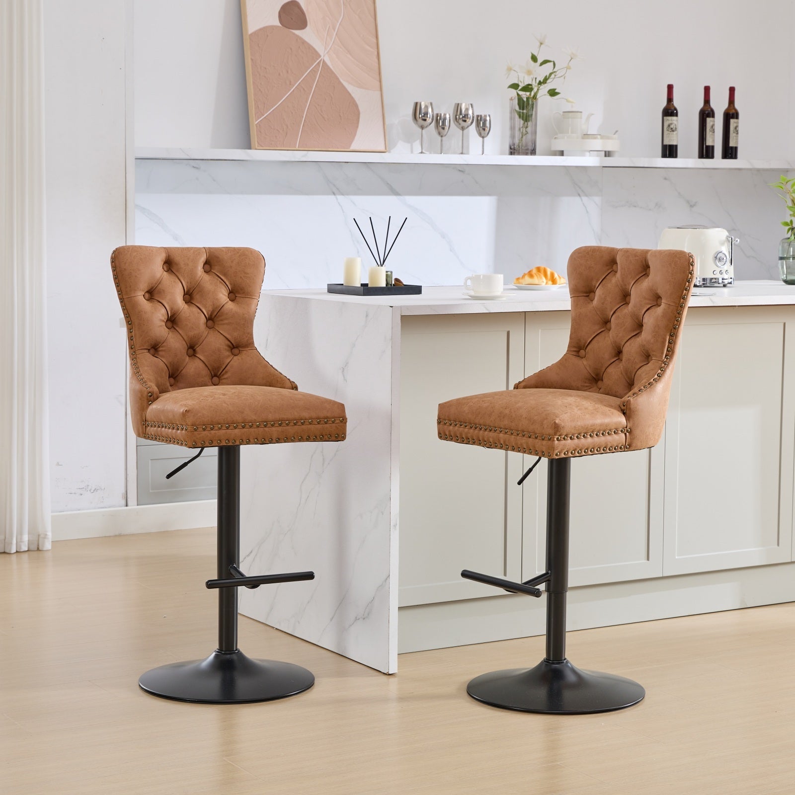 Aged and Retro PU Swivel Barstools Adjusatble Seat Height from 26-33 Inch, Modern Bar Stools with Backs Comfortable Tufted for Home Pub and Kitchen Island (Orange,Set of 2)