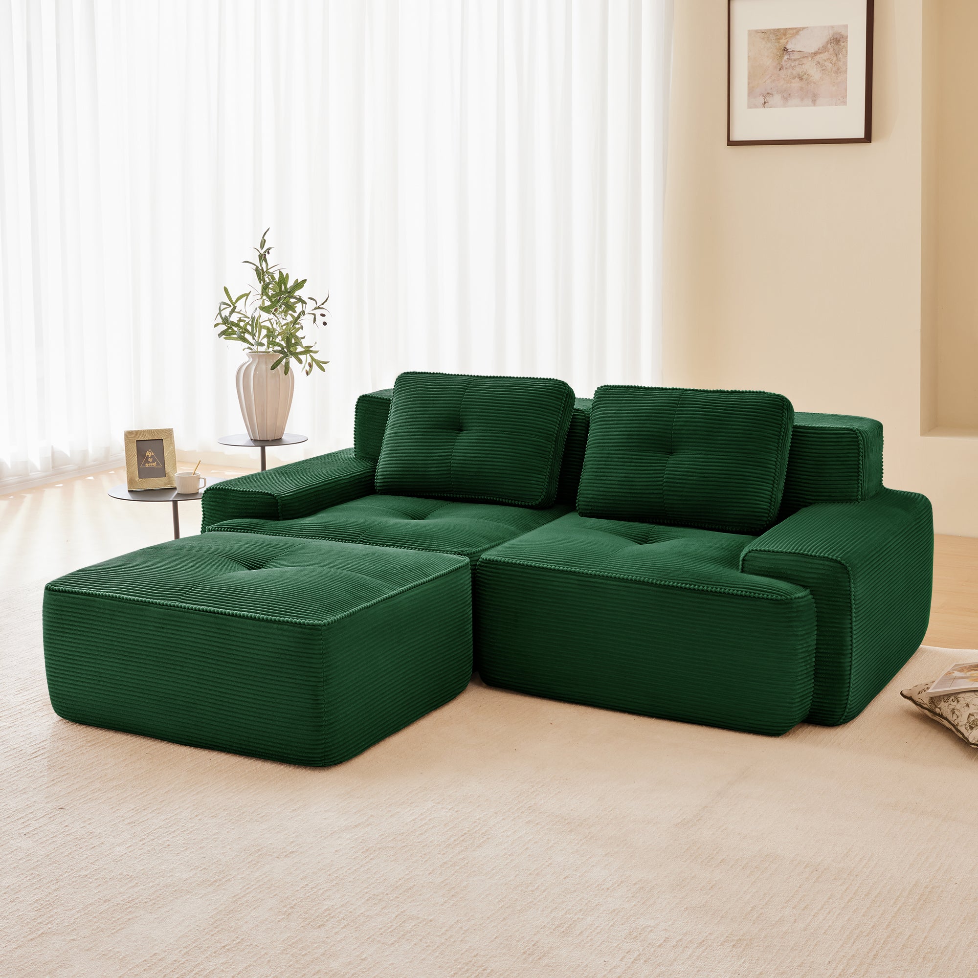 Racine 82" Modular Corduroy Fabric Loveseat Sofa with Pillows and Movable Ottoman