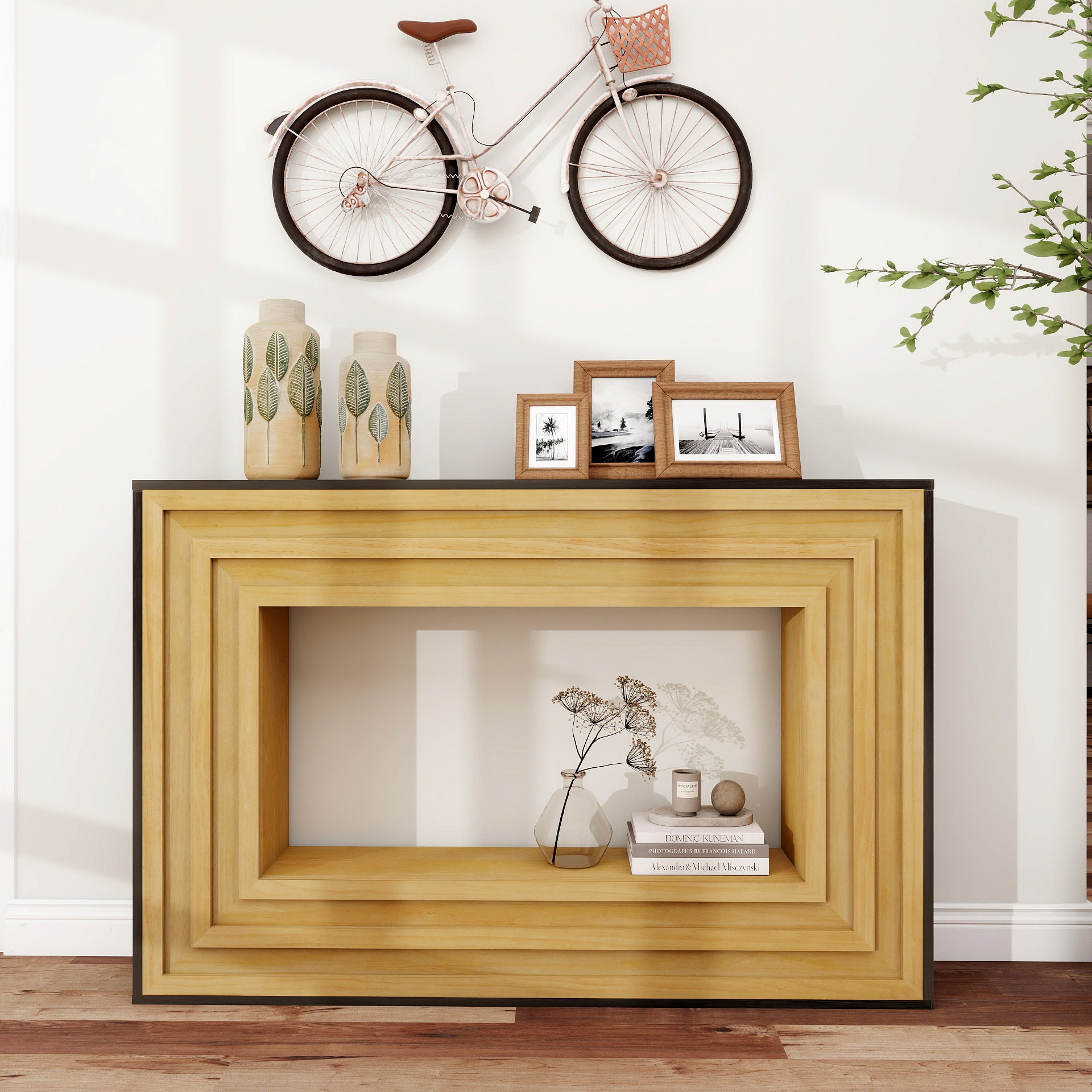 Traverse Modern Layered-Wood Console Table with Black Top