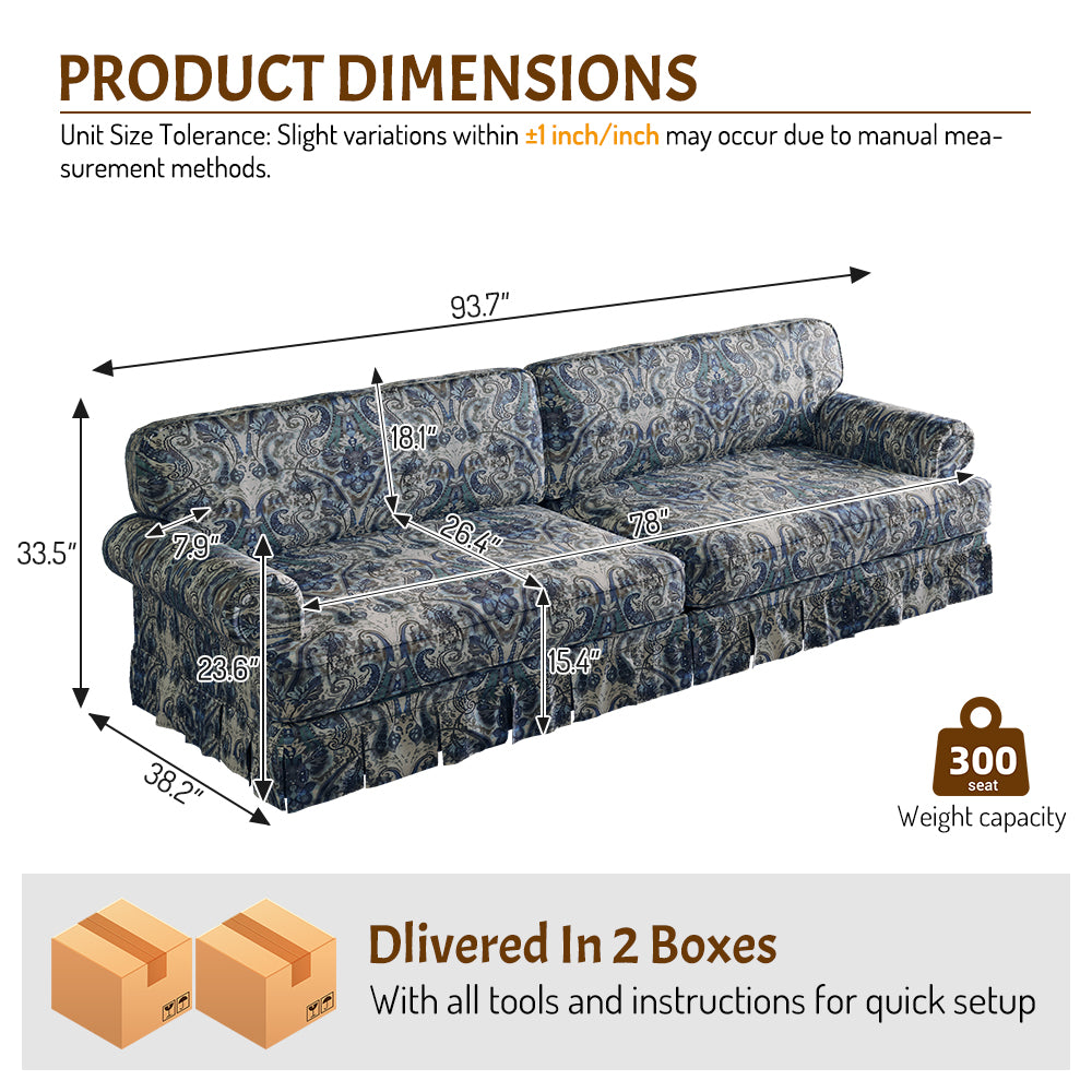 Livonia 94" Oxford Fabric 4-Seater Sofa with Rolled Arms and Pleated Skirt Mid-Century Design