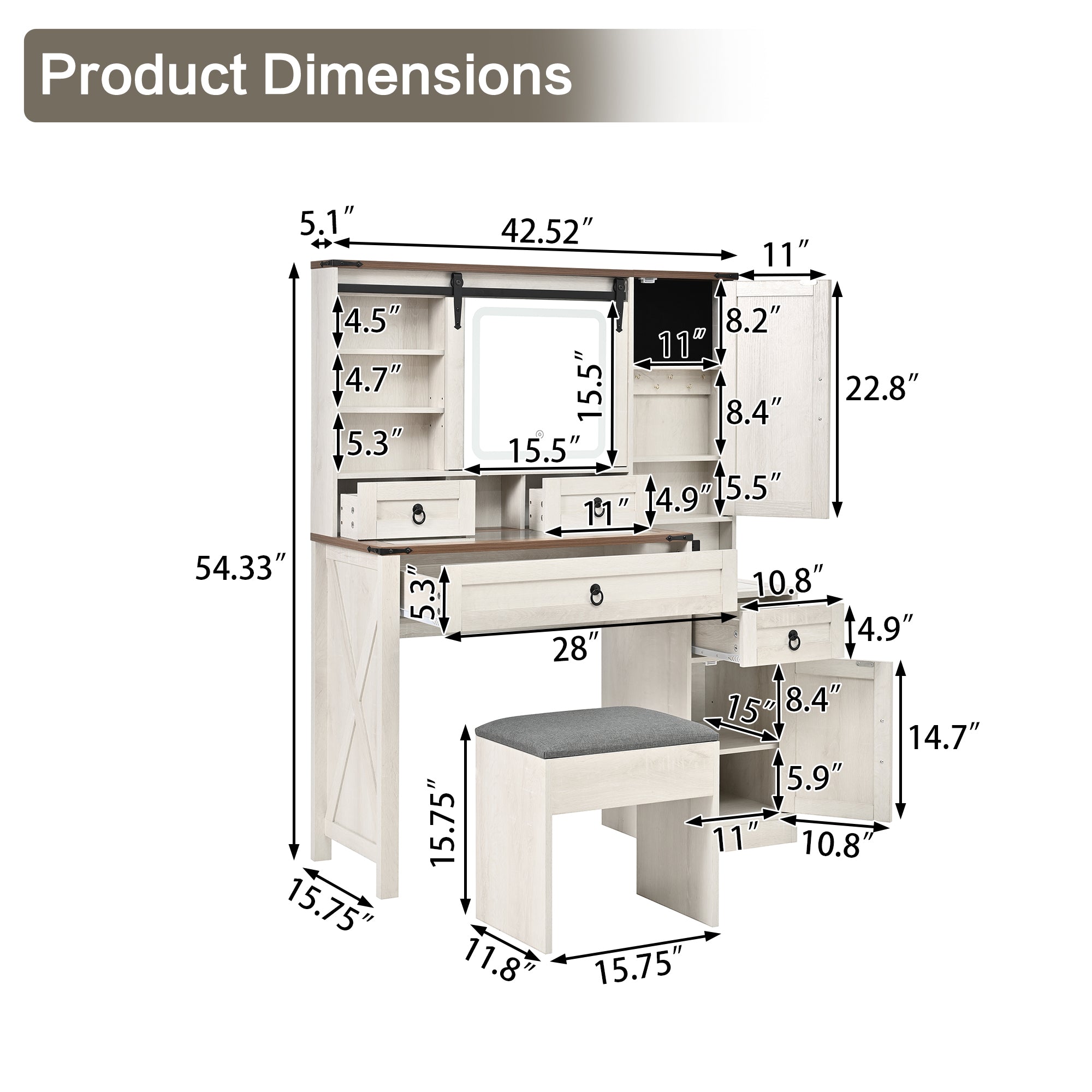 Quartzine Farmhouse Vanity Desk Set with Lighted Mirror and Charging Station