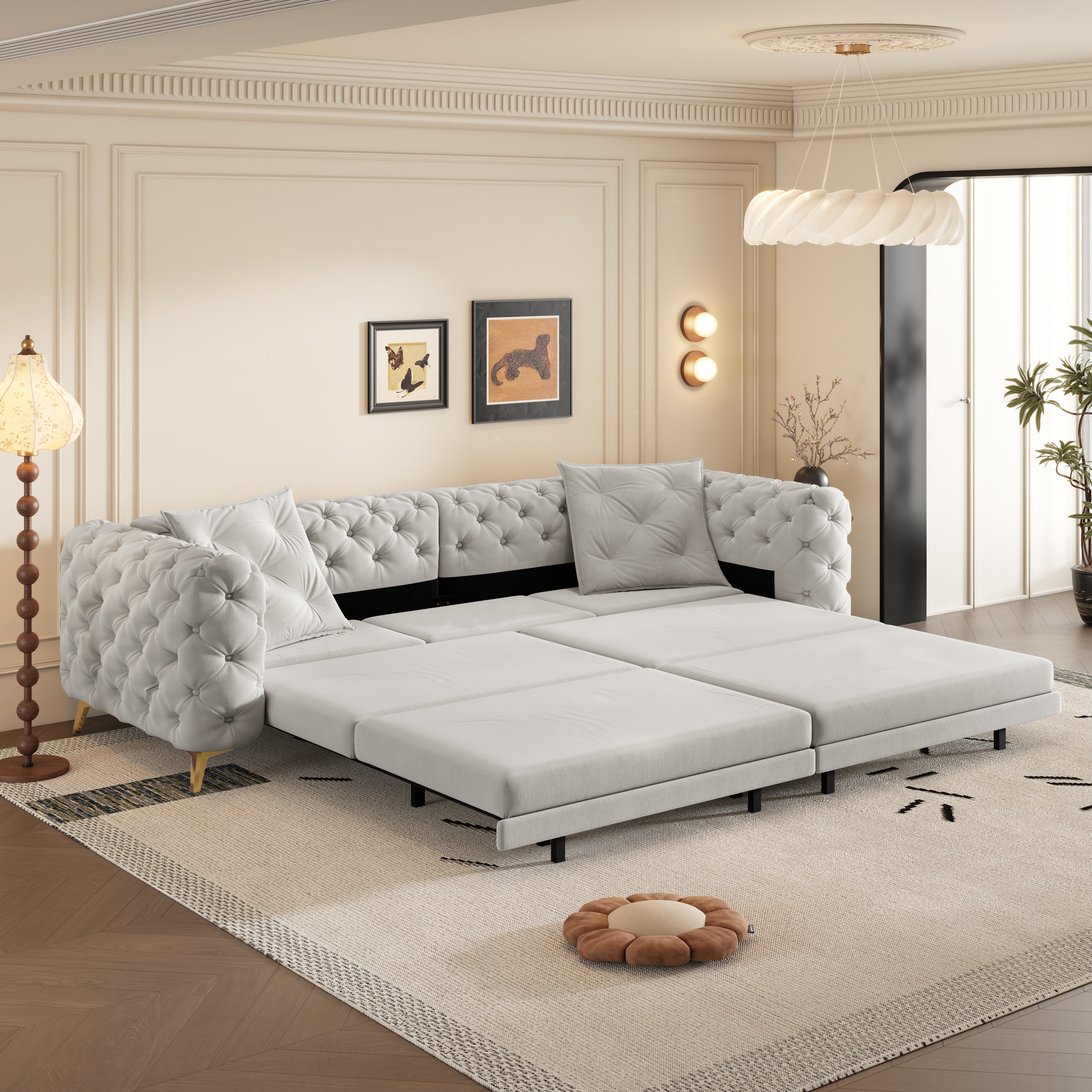 Allentown 98" Velvet Button Tufted 4-Seater Sleeper Sofa Bed with Movable Ottoman