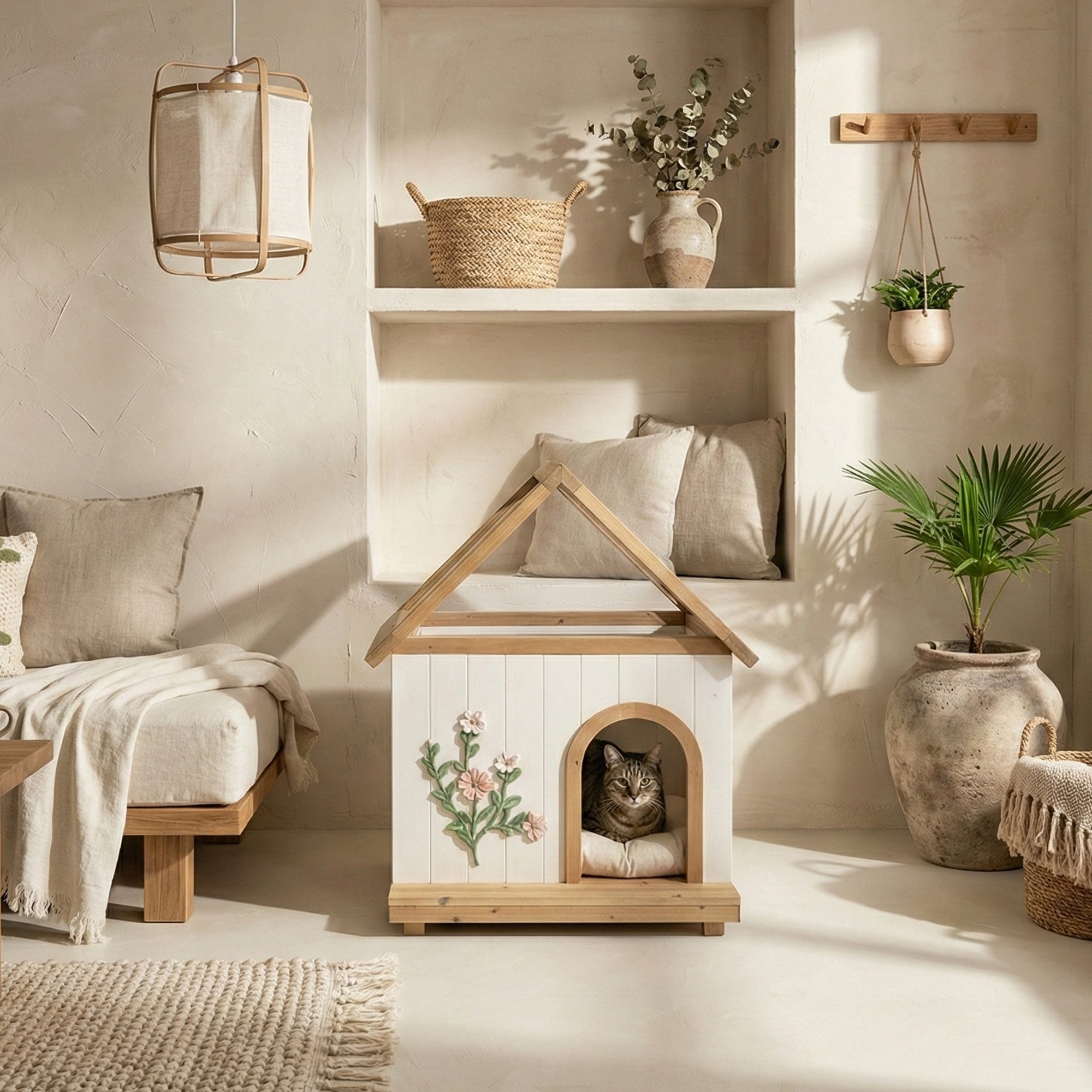 Homy Casa 24" x 22" x 32" Transparent Roof Pet House for Cats & Small Dogs, Indoor Cedar Shelter, White/Wood