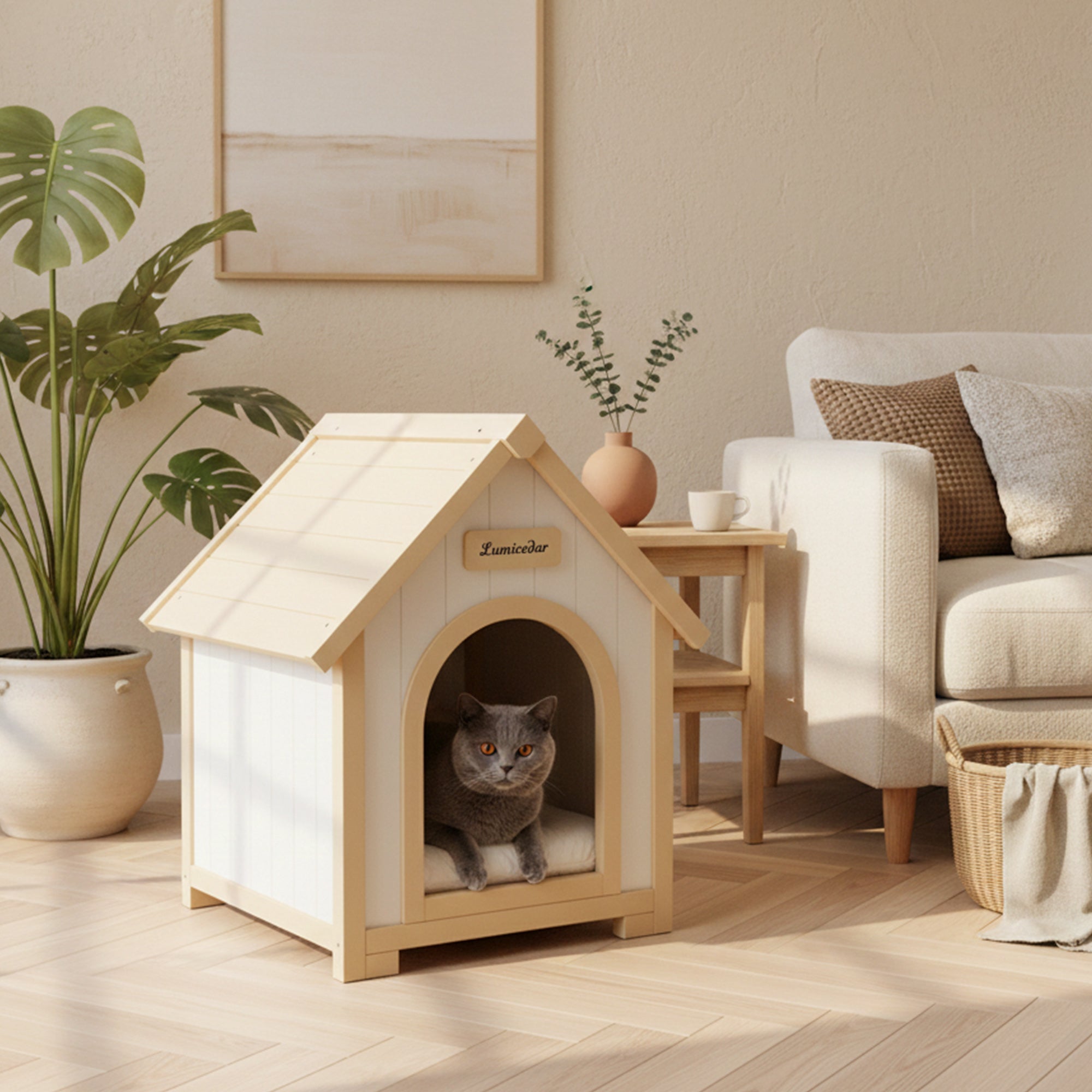 Homy Casa FSC Solid Cedar Pet House, 23.6" x 21.7" x 27.6", Indoor Cabin Shelter for Small Dogs & Cats, Cream Yellow